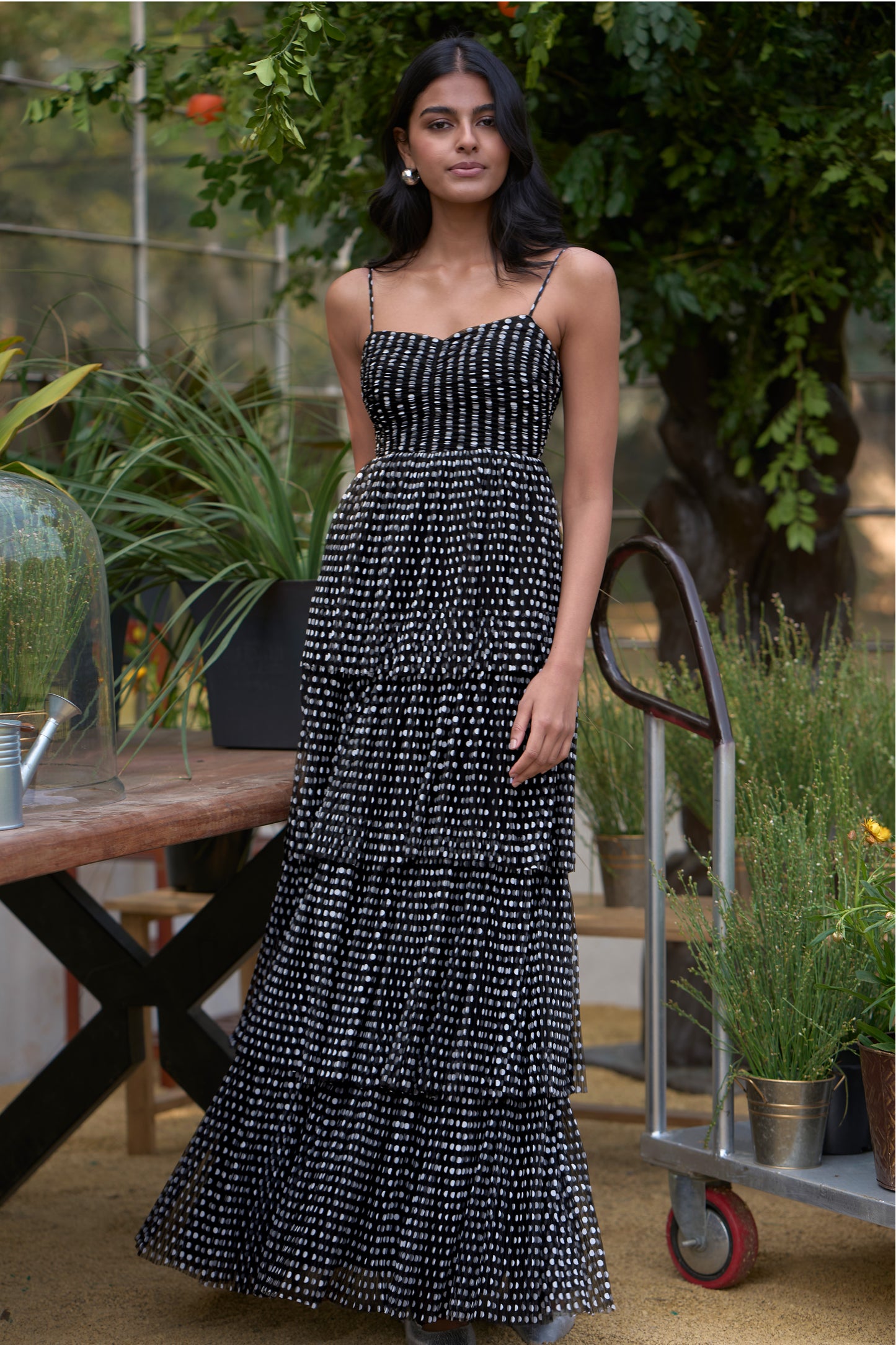 PLEATED POLKA DOT TIERED MAXI