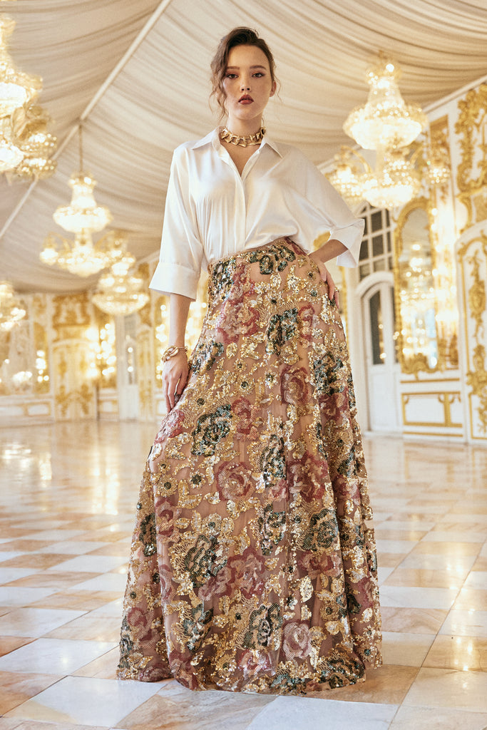 IVORY SATIN SHIRT & FLORAL SEQUIN MAXI SKIRT dash and dot