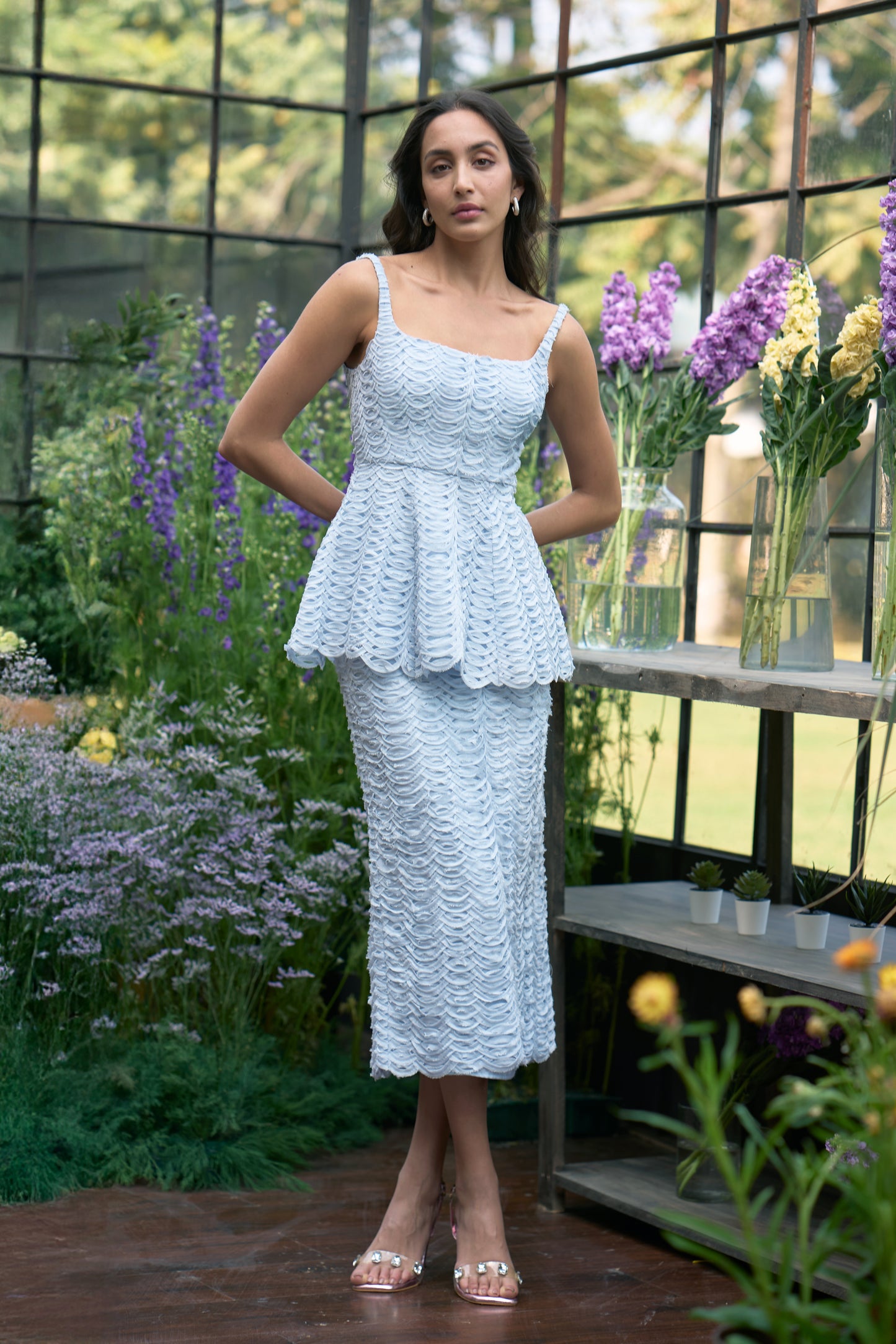 RIBBON EMBROIDERED PEPLUM TOP & MIDI SKIRT