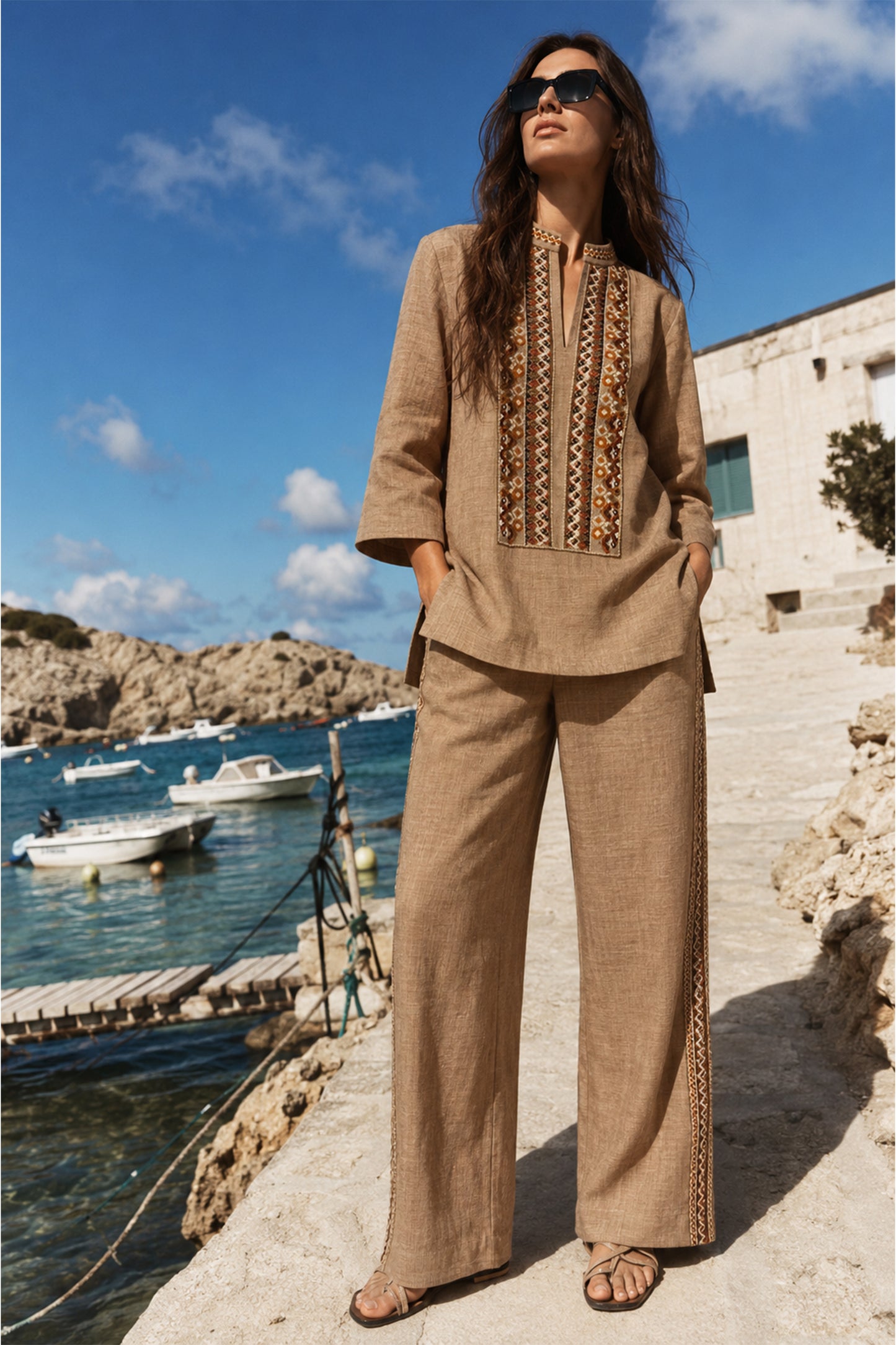 EMBROIDERED LINEN-TEXTURED LONGLINE TOP & WIDE-LEGGED PANT SET