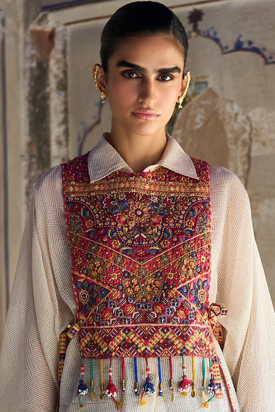 BENARES TISSUE STRUCTURED SHIRT WITH EMBROIDERED BIB & COWL DRAPE PANT