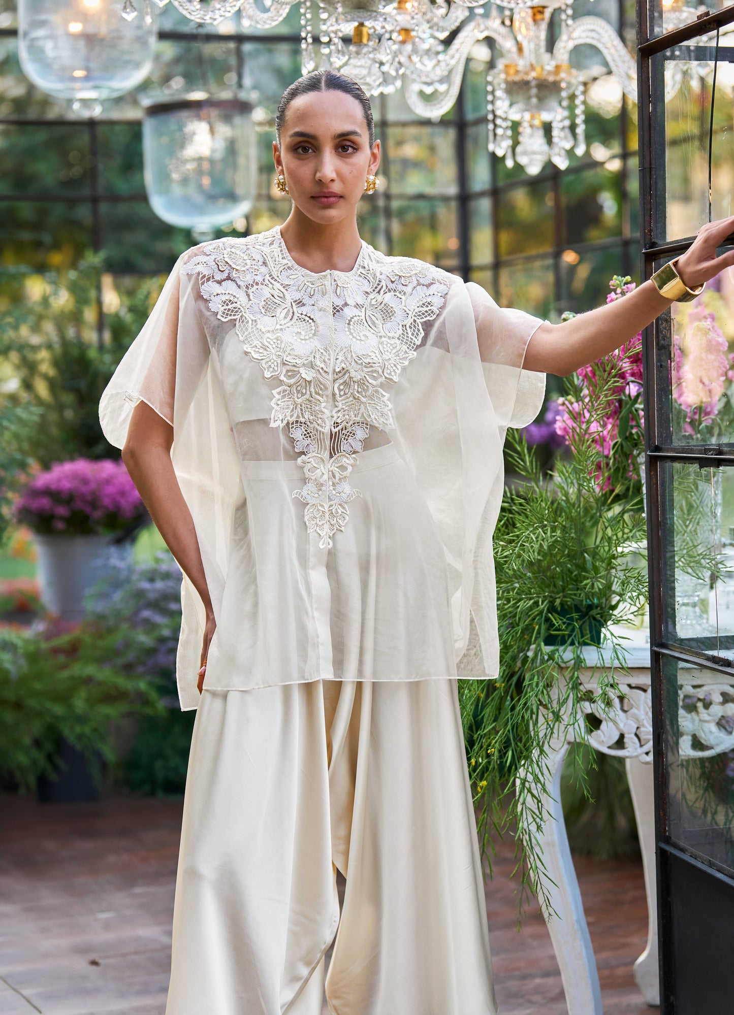 EMBROIDERED CAPE & BRALETTE WITH DRAPED CULOTTES