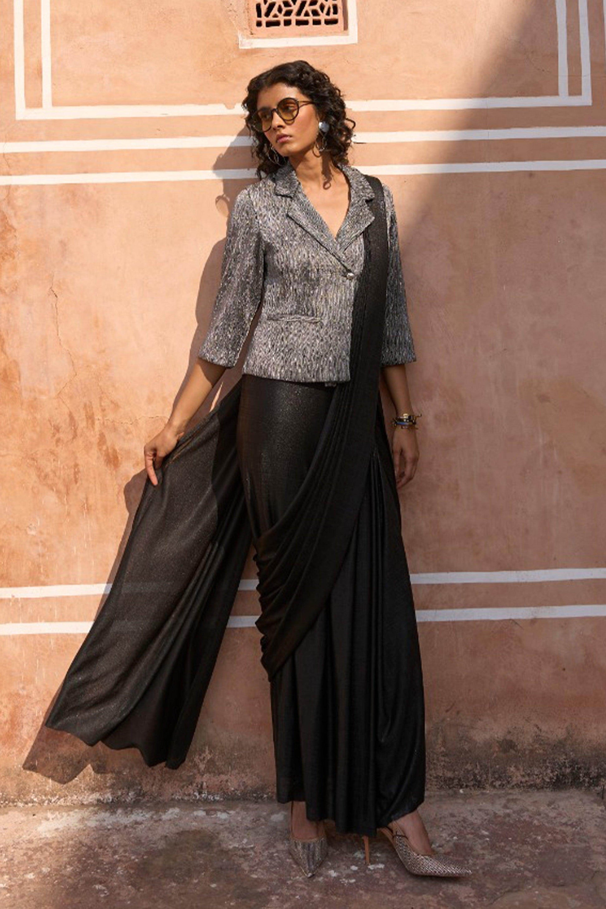 PLEATED METALLIC BLAZER TOP AND BLACK SARI DRAPE SKIRT - dash and dot