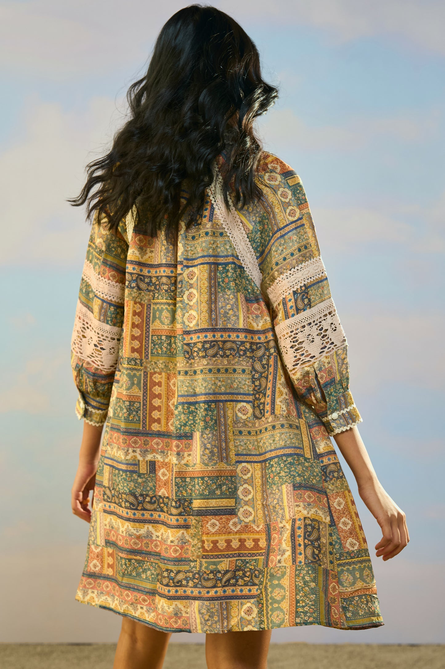 PRINTED LINEN-LACE DRESS