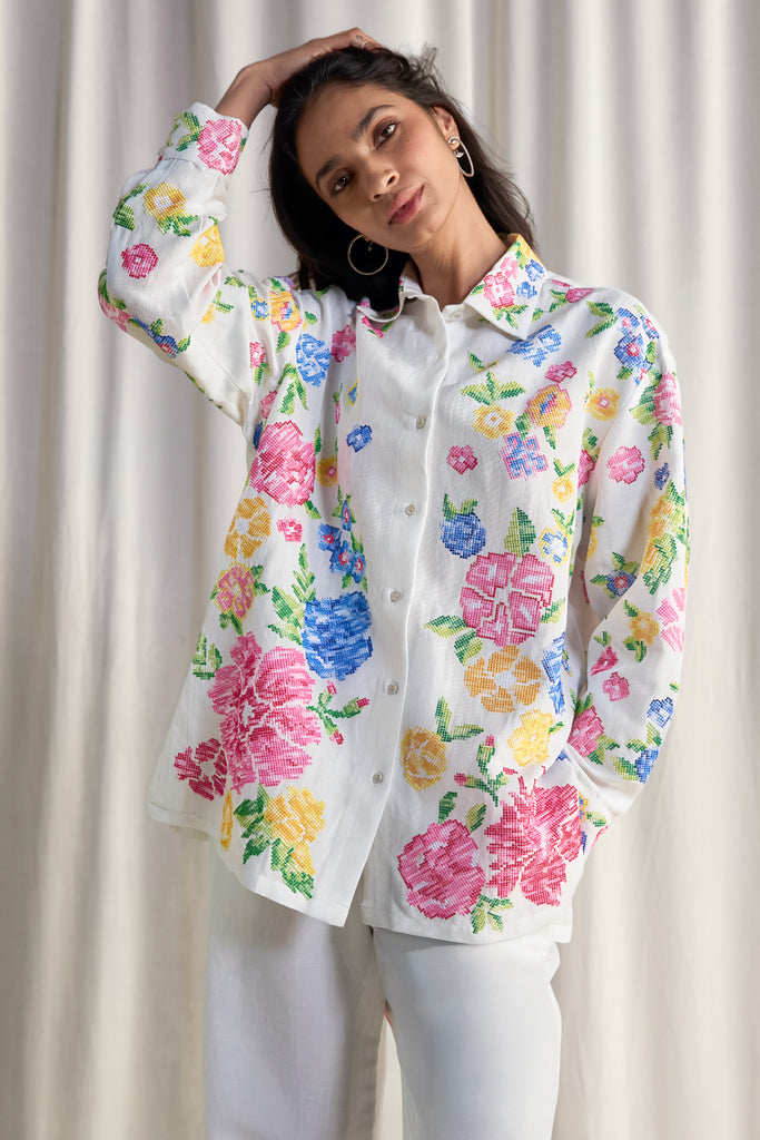 LINEN FLORAL CROSS-STITCH EMBROIDERED PANT dash and dot