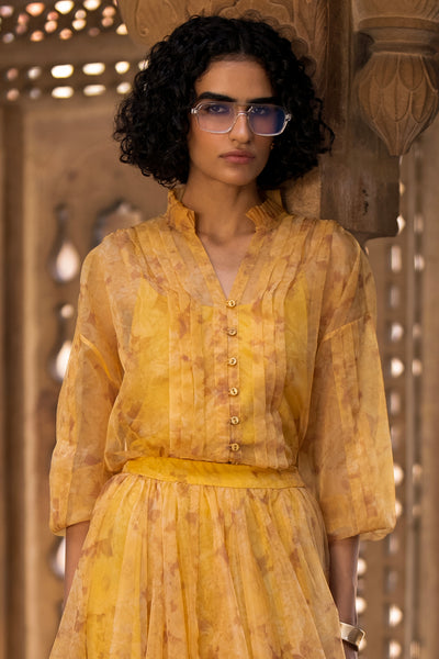 PRINTED ORGANZA PLEATED SHIRT & MAXI SKIRT SET