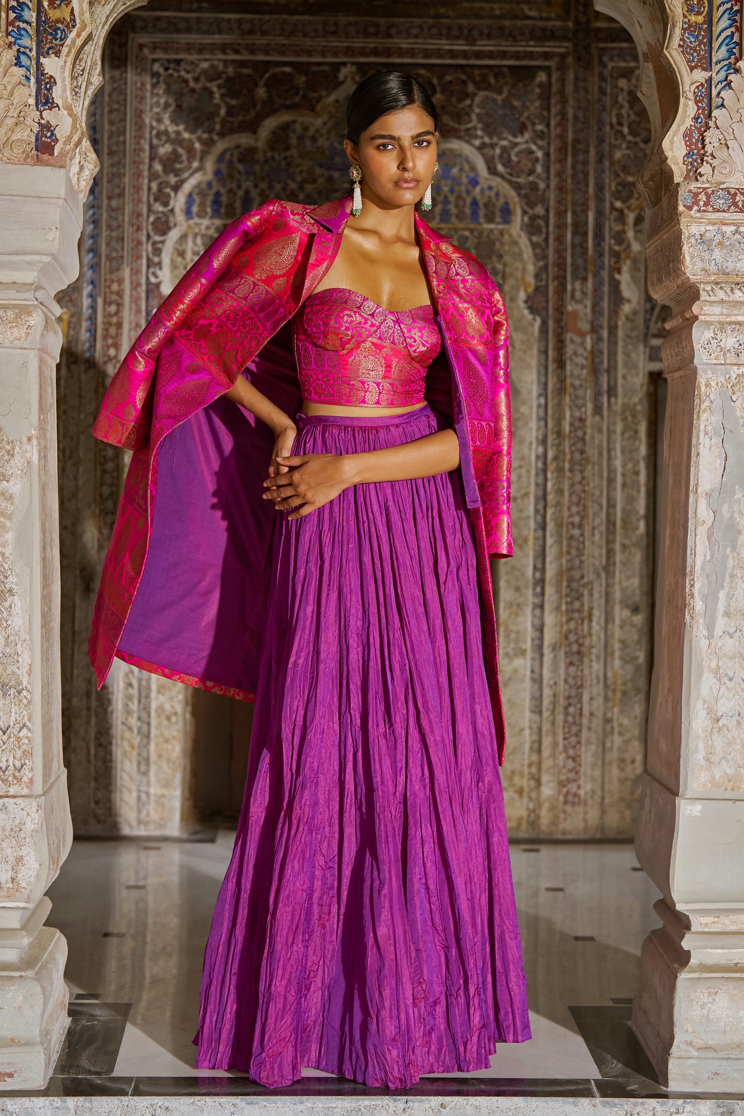 BENARES BROCADE JACKET, BRALETTE AND CRUSHED SKIRT