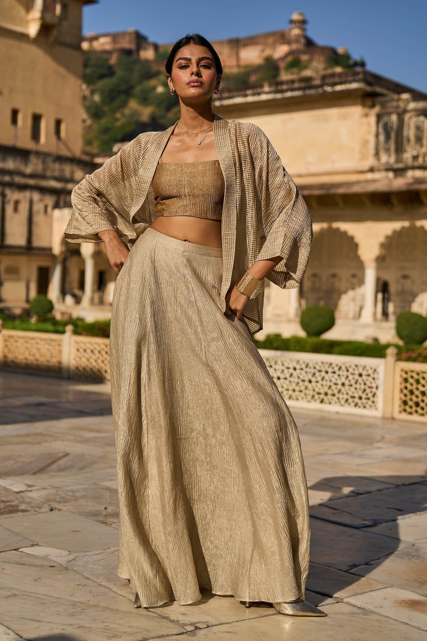 GOLD TISSUE BRALETTE, SHRUG AND SKIRT SET - dash and dot