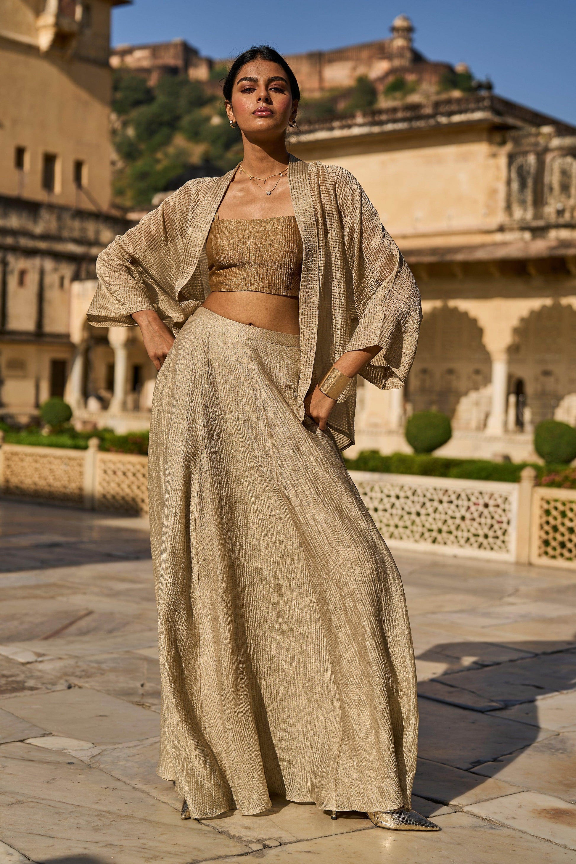 GOLD TISSUE BRALETTE, SHRUG AND SKIRT SET - dash and dot