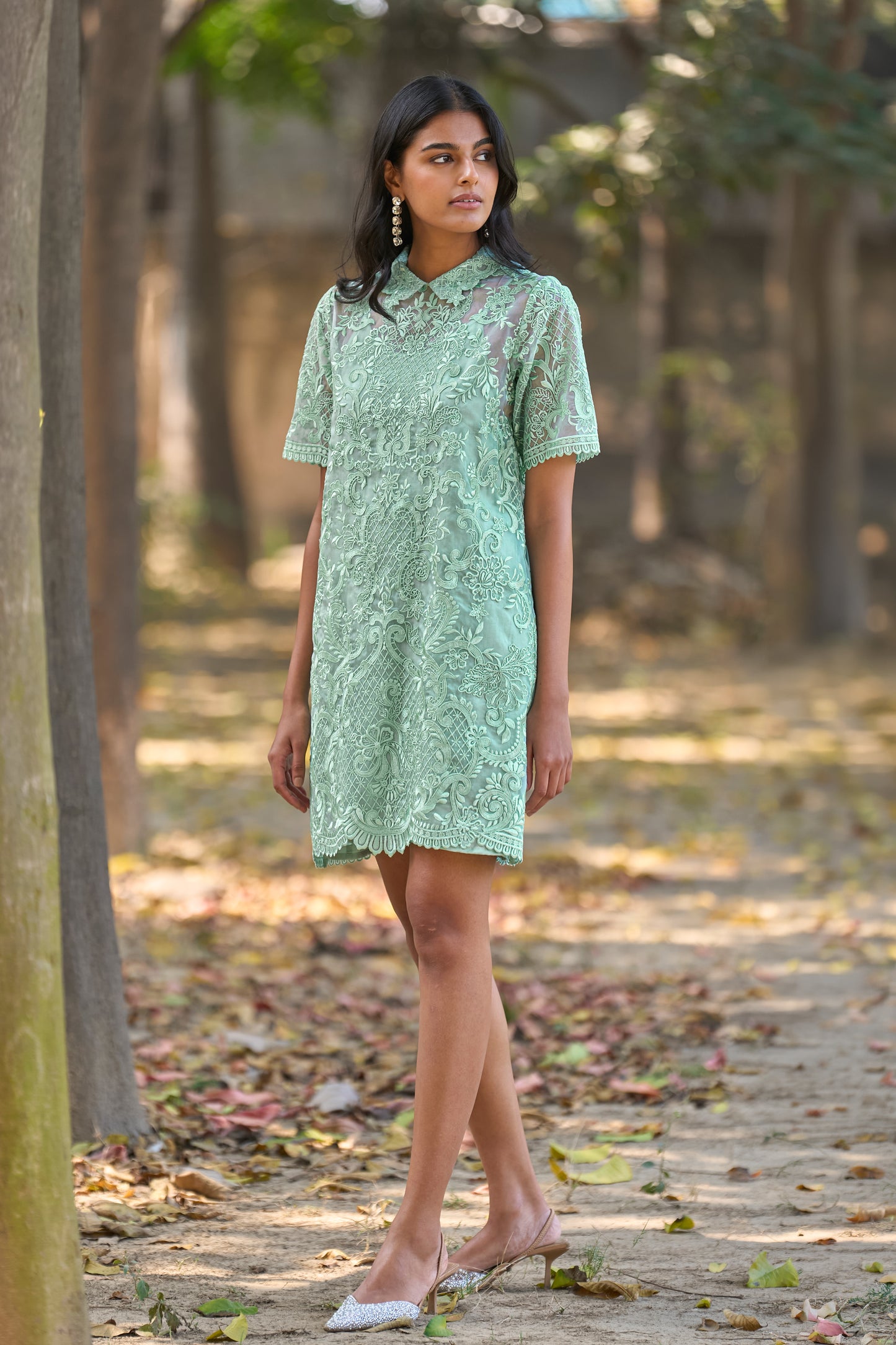 SCALLOPED EMBROIDERED MINI SHIRT DRESS