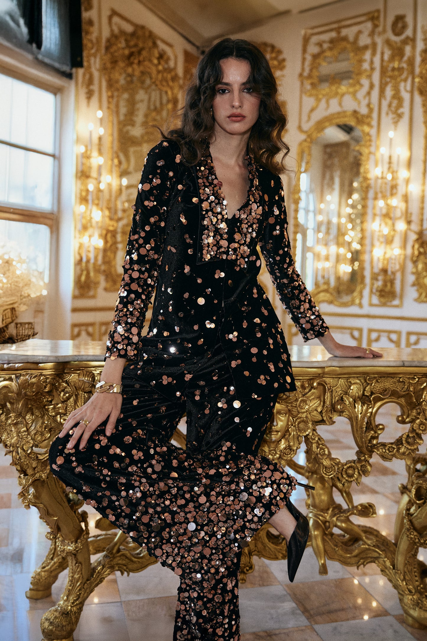 PAILLETTE EMBROIDERED VELVET SUIT