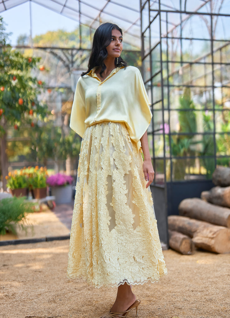 YELLOW SATIN SHIRT & CUTWORK LACE APPLIQUÉ FLARED SKIRT dash and dot