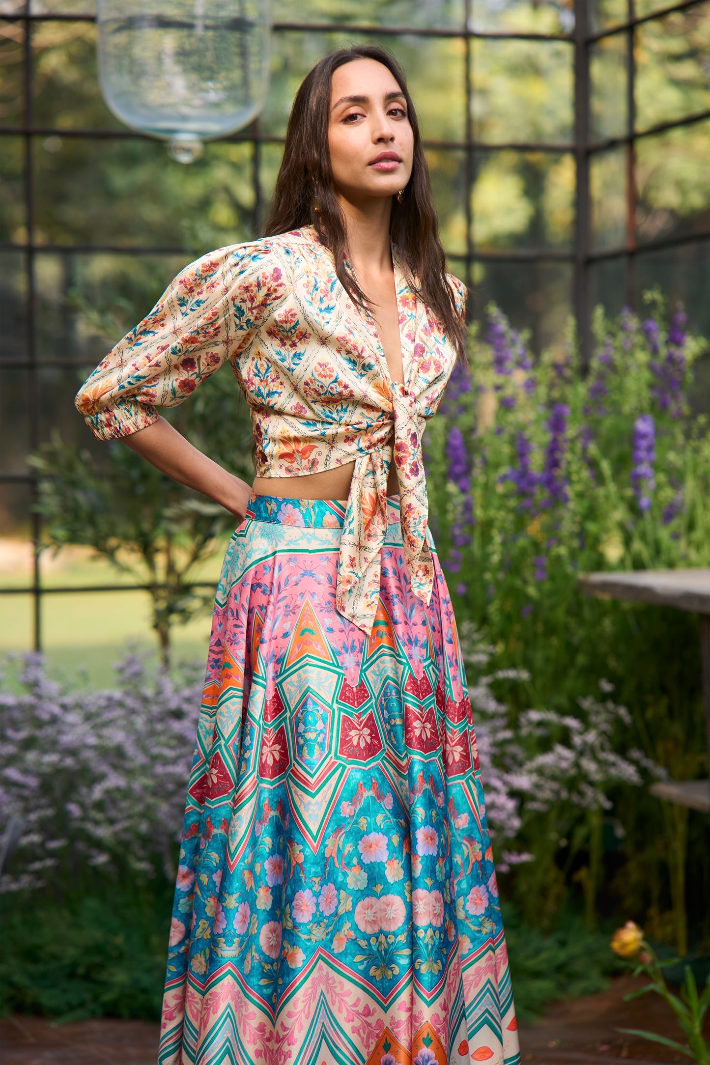 FLORAL PRINT FRONT-TIE TOP & MOSAIC PRINT SKIRT