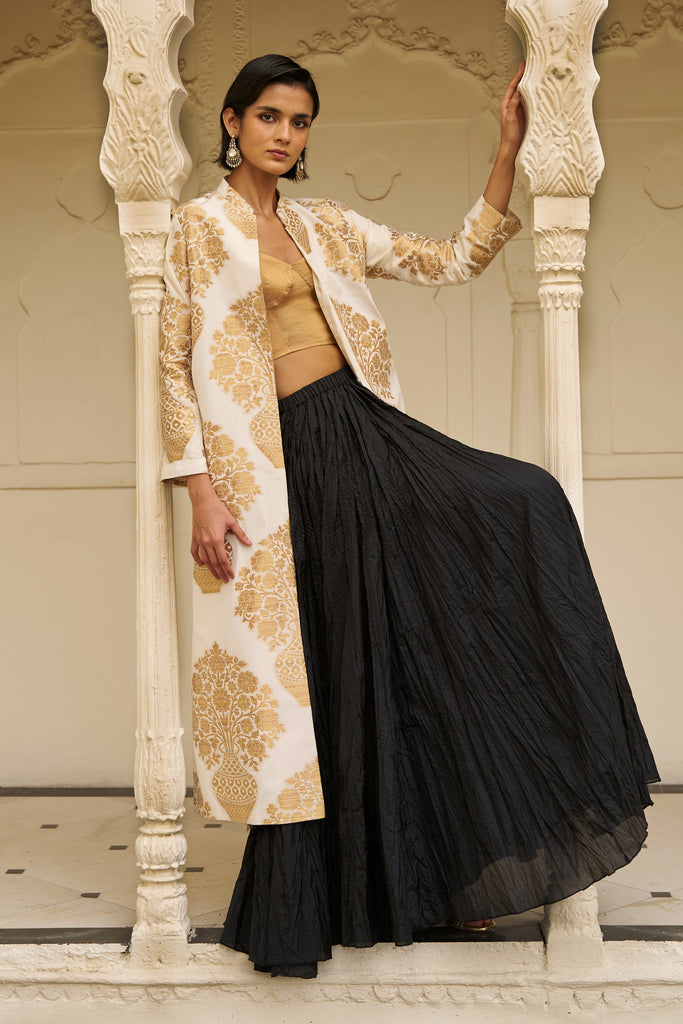 BENARES SILK BROCADE JACKET, TISSUE BRALETTE AND CRUSHED SKIRT dash and dot