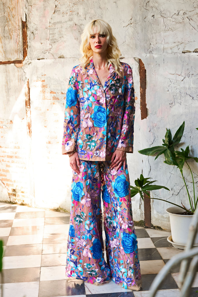 FLORAL EMBROIDERED FLARED PANT dash and dot