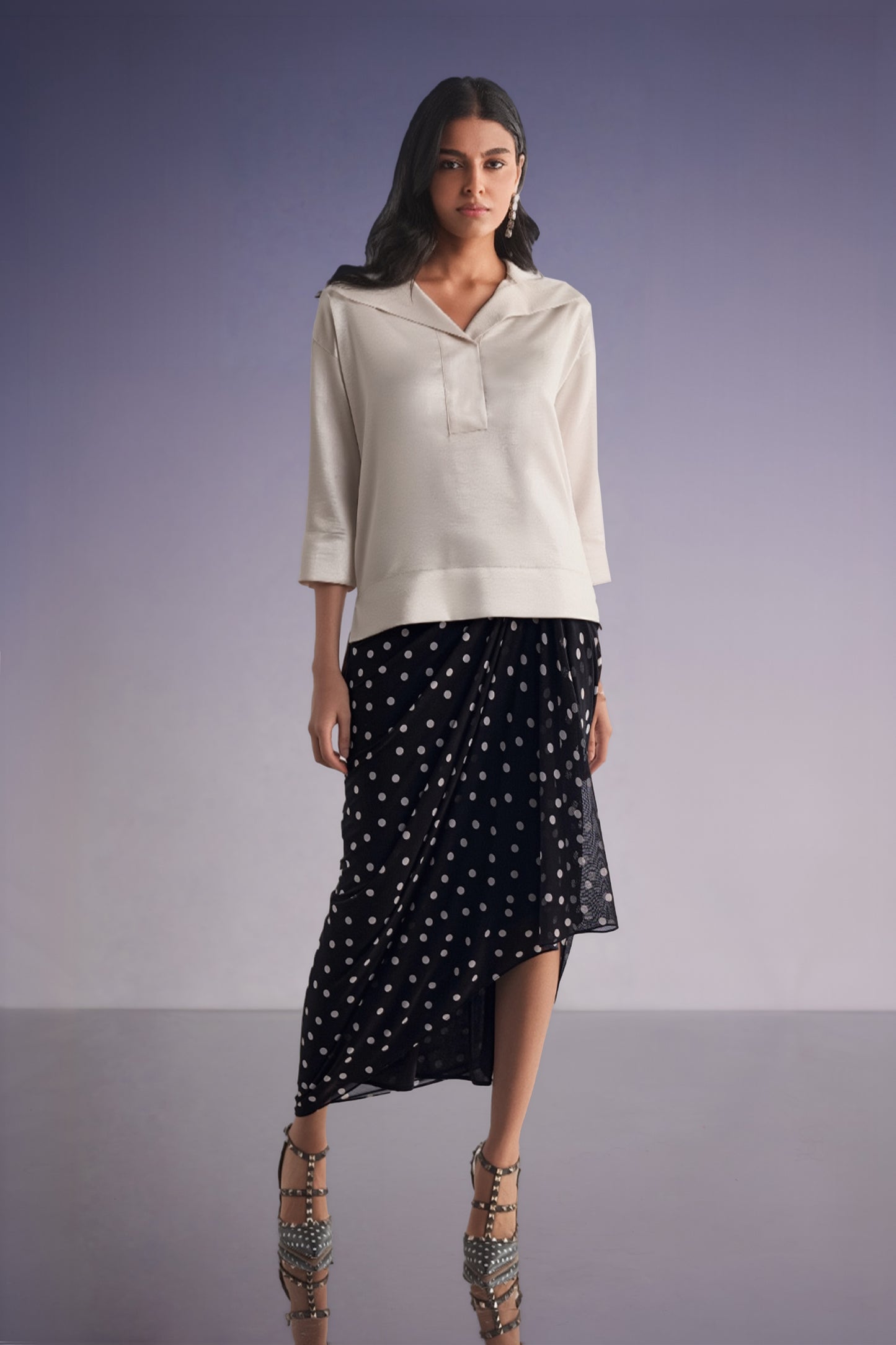 BOXY SATIN POPOVER TOP & POLKA DOT DRAPE SKIRT