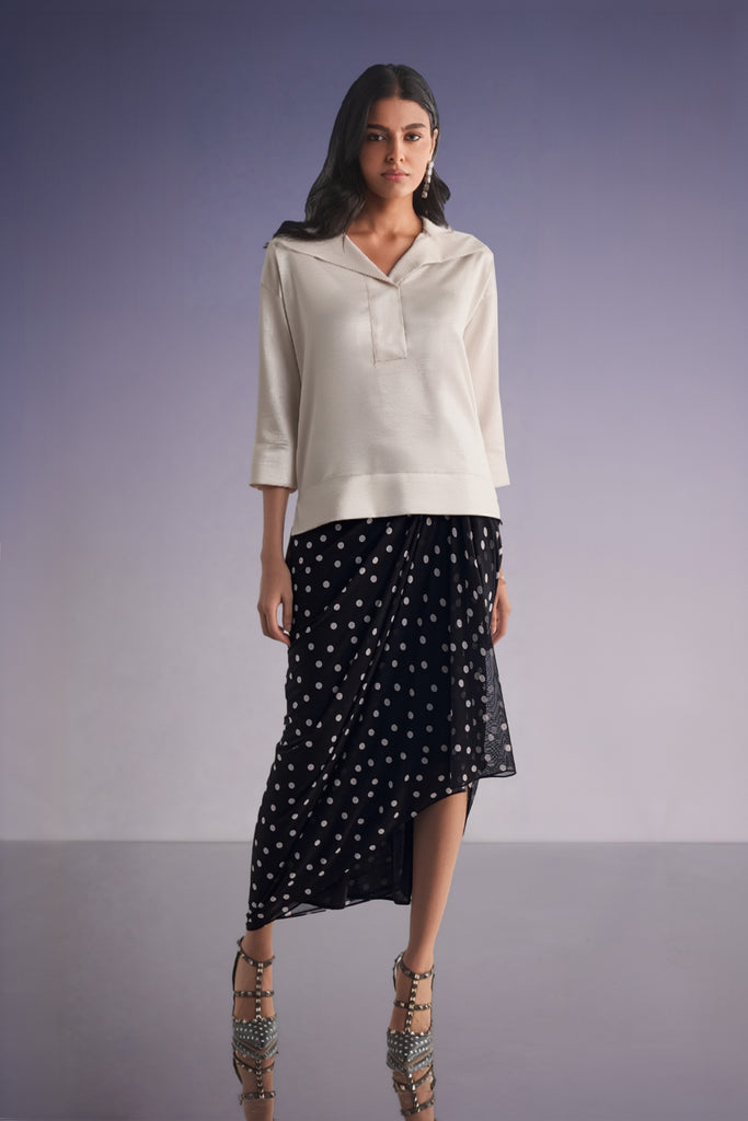 BOXY SATIN POPOVER TOP & POLKA DOT DRAPE SKIRT dash and dot
