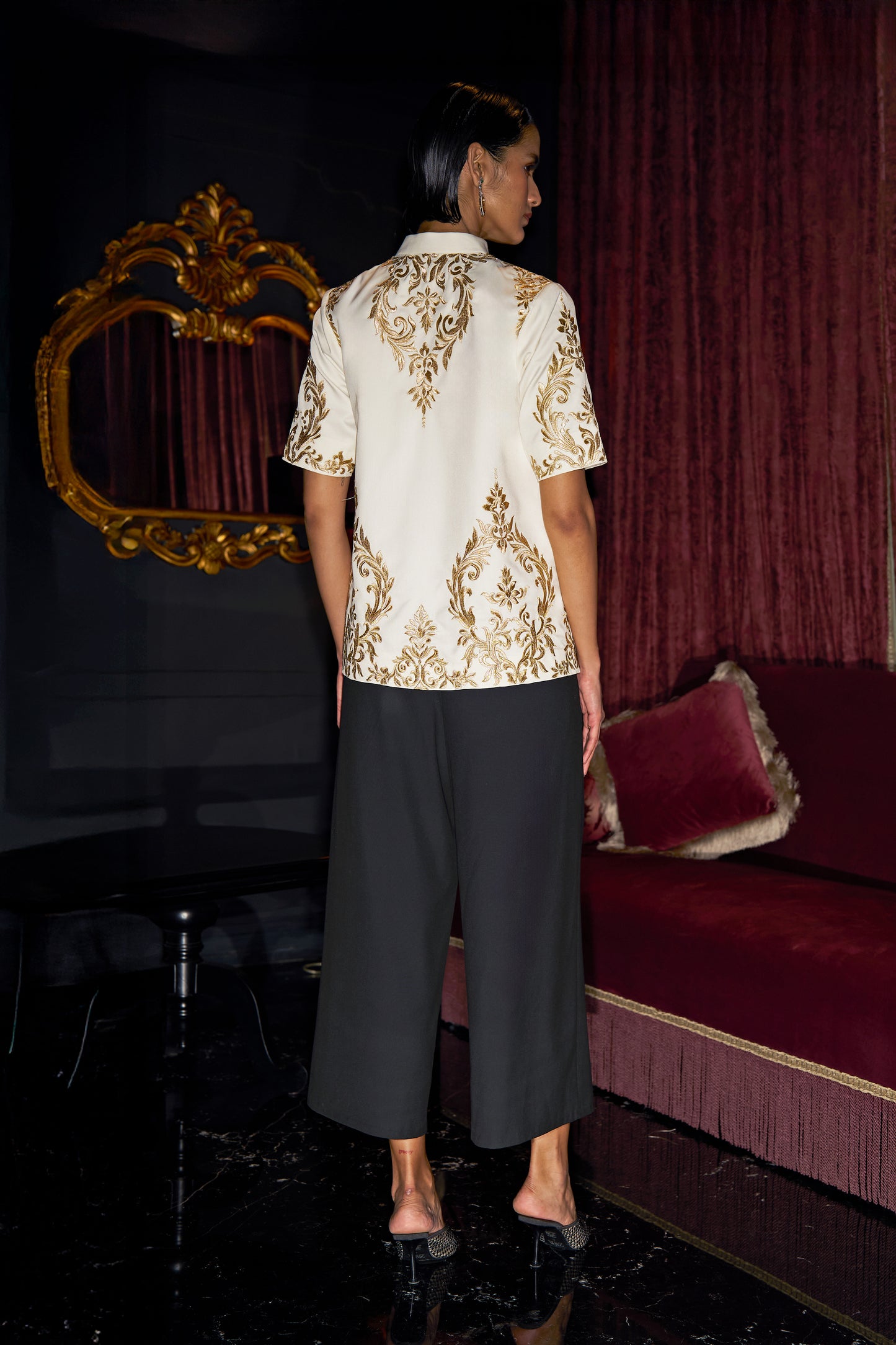 METALLIC EMBROIDERED SHIRT AND BLACK CULOTTE