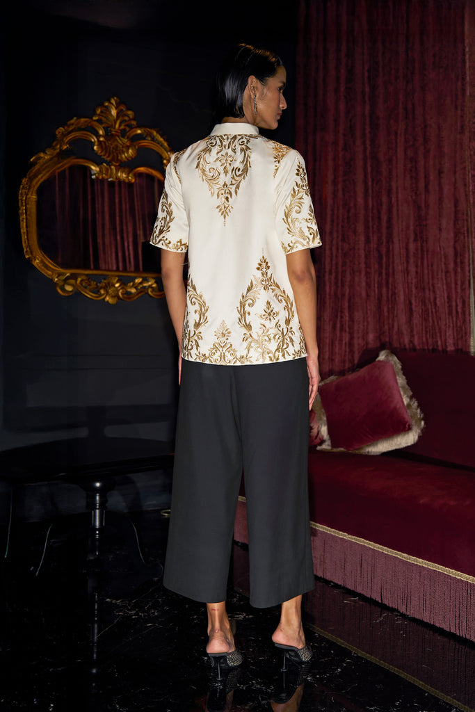 METALLIC EMBROIDERED SHIRT AND BLACK CULOTTE dash and dot
