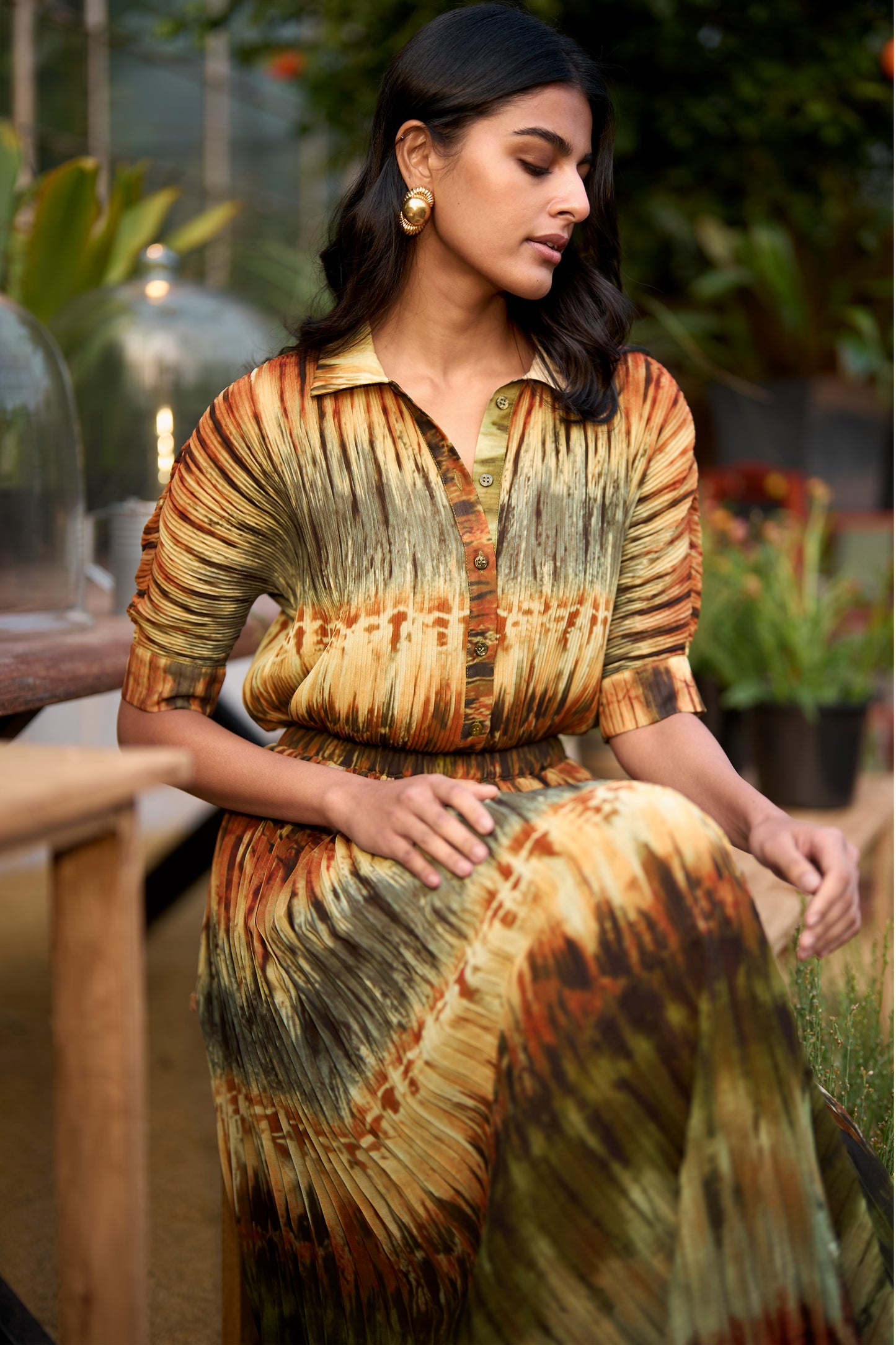 PLEATED TIE DYE SHIRT & SKIRT SET