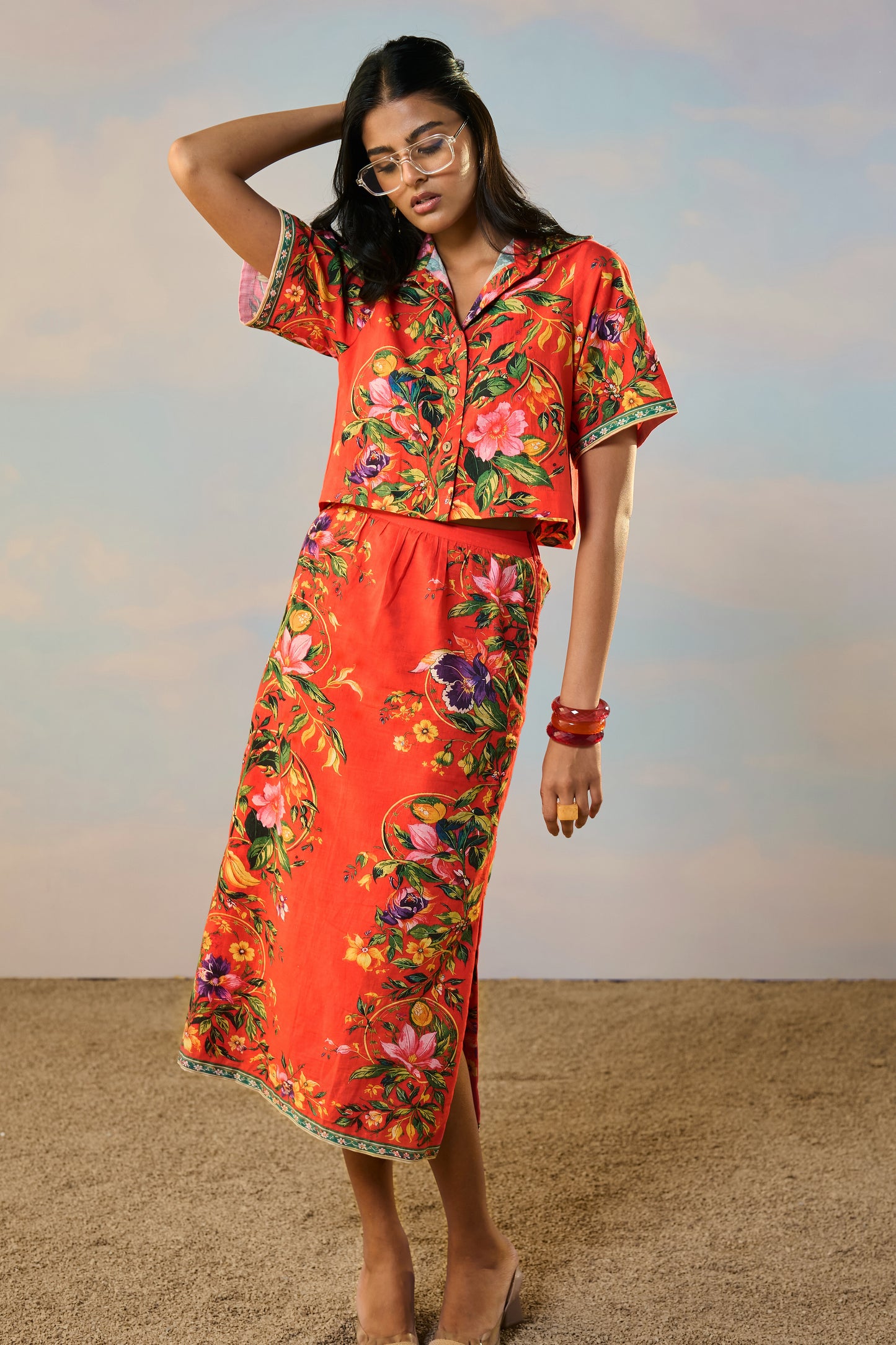 LINEN PLACED FLORAL PRINT SKIRT