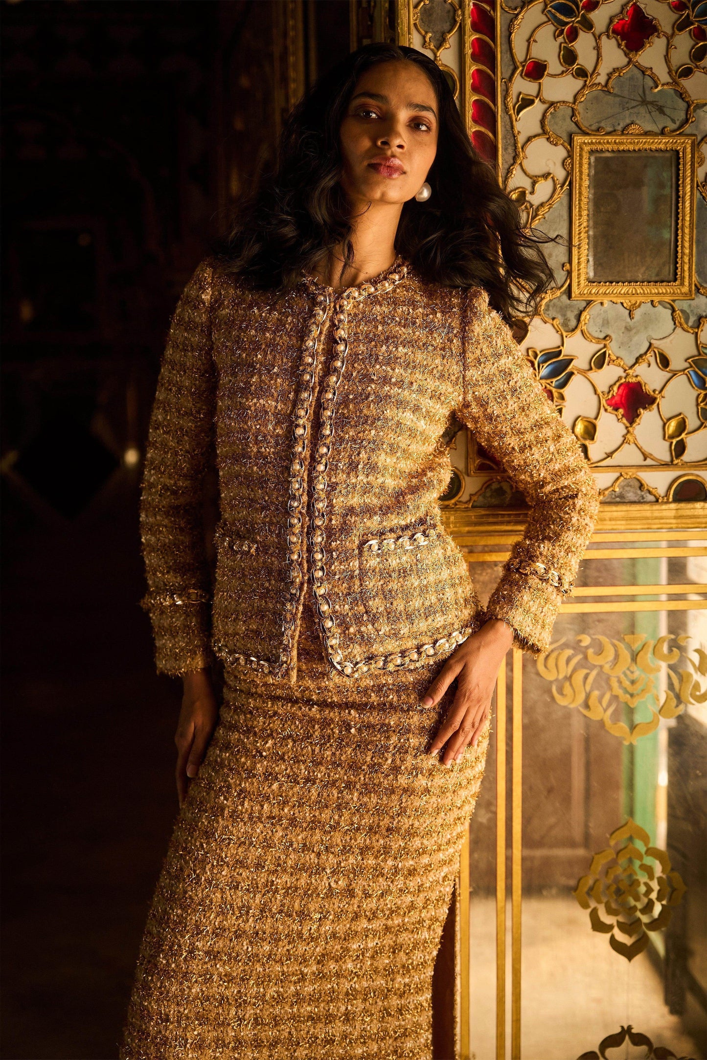 GOLD BOUCLÉ JACKET AND SKIRT - dash and dot