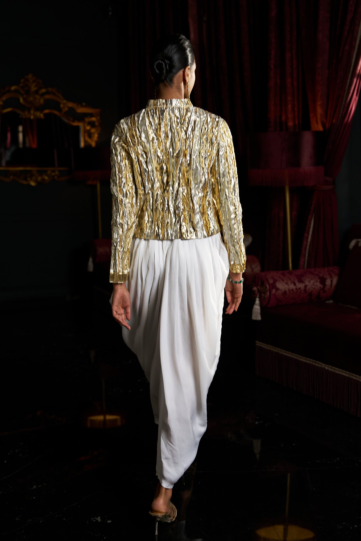 CRUSHED GOTA WEAVE BOLERO & IVORY COWL PANT