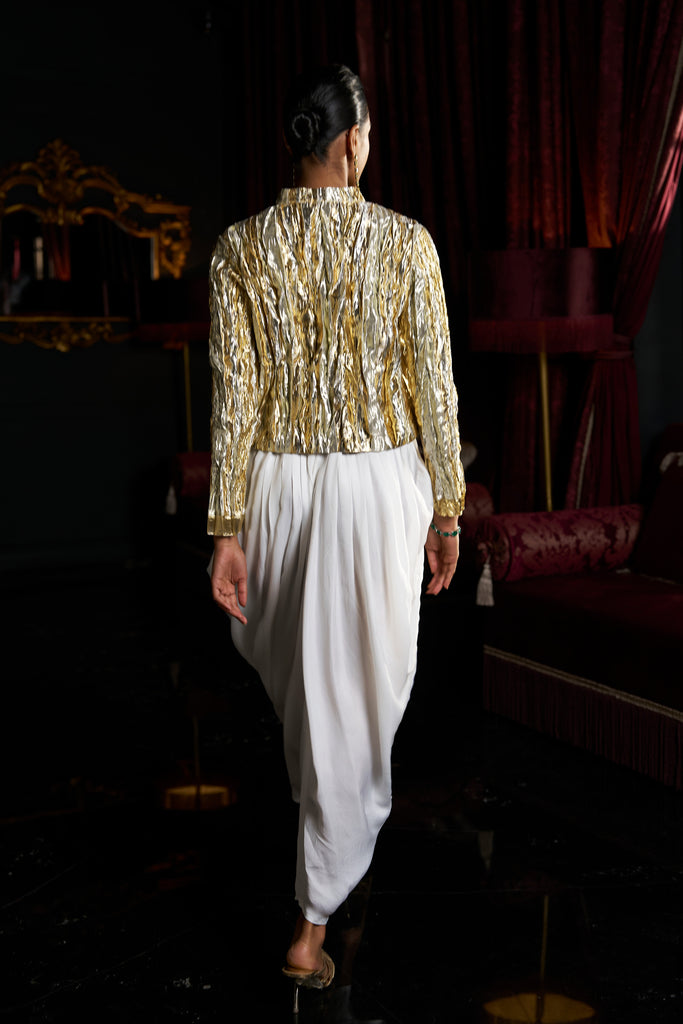 CRUSHED GOTA WEAVE BOLERO & IVORY COWL PANT dash and dot