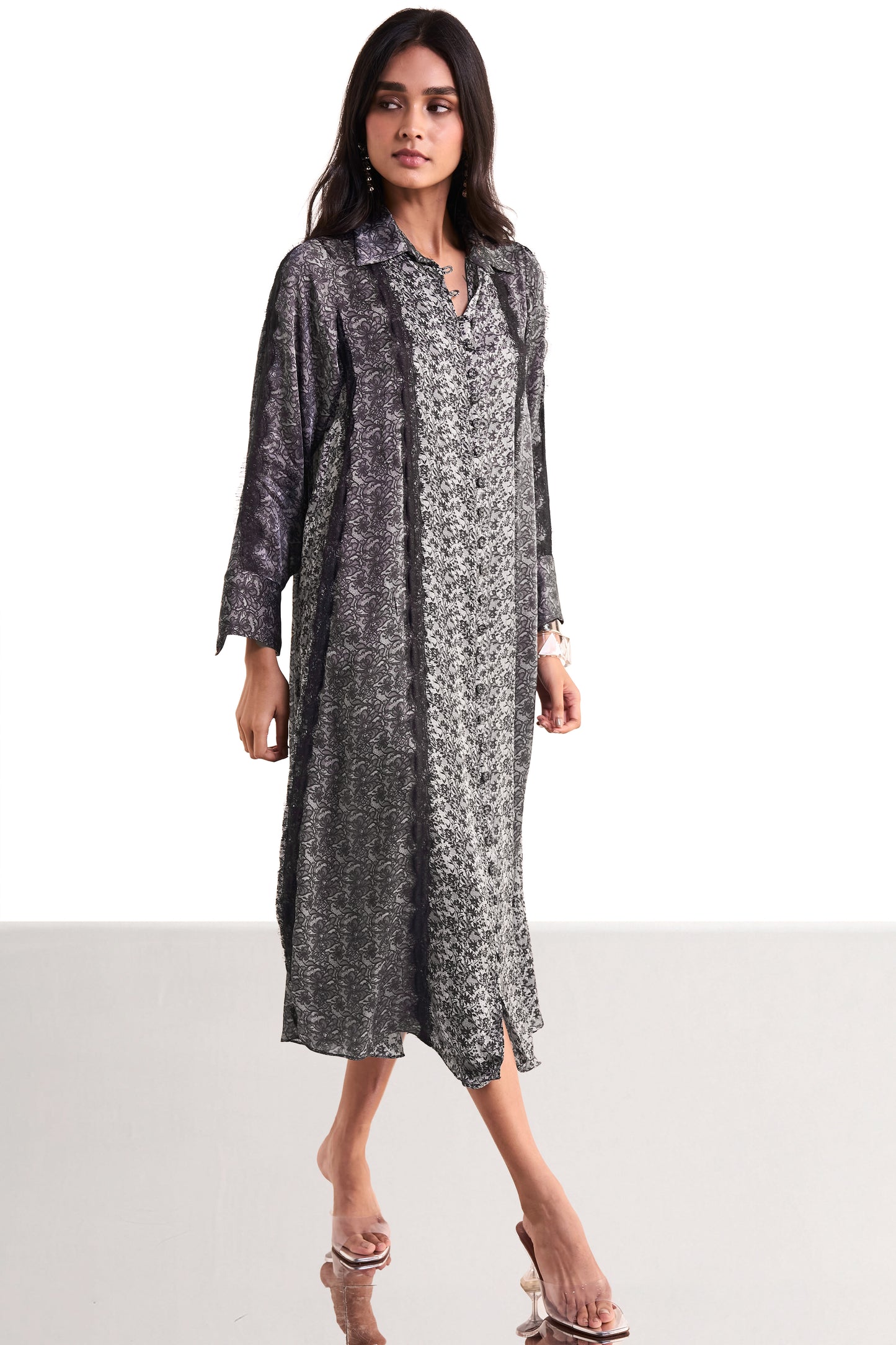 MONOCHROME PRINTED LACE MIDI