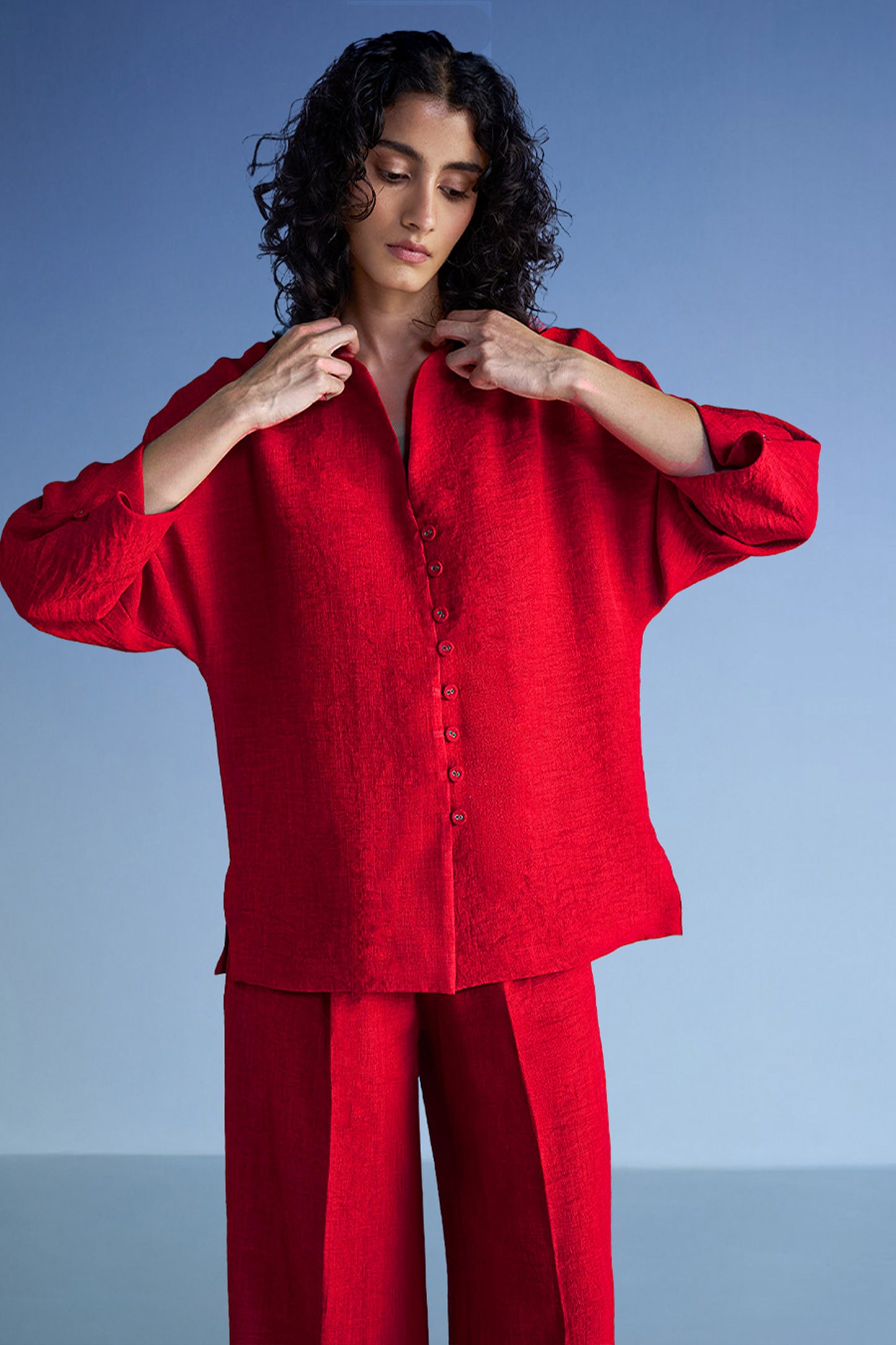 BUTTONED CUFF LINEN-TEXTURED SHIRT & WIDE-LEGGED PANT SET