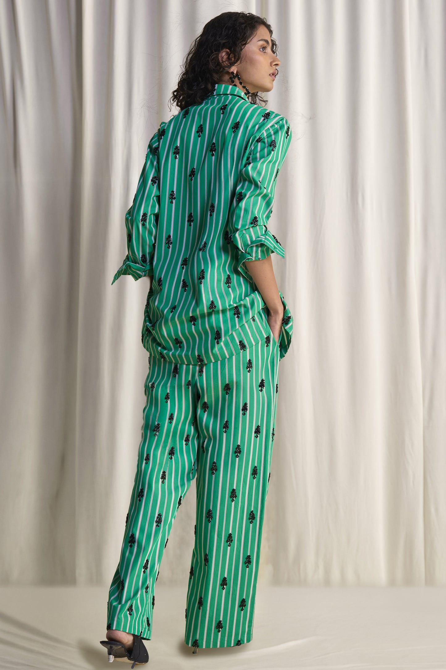 MOTIF BEAD EMBROIDERED STRIPE PANT