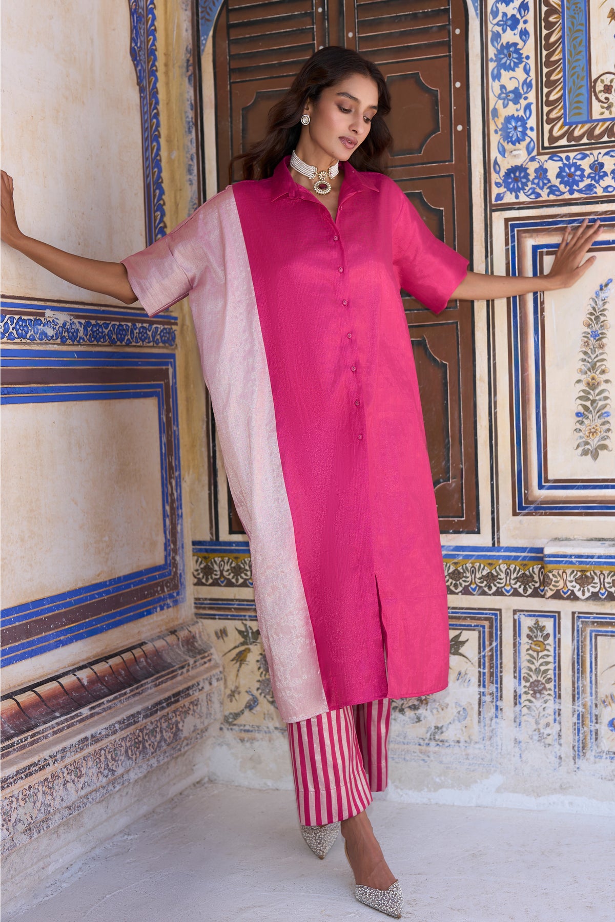 BENARES TISSUE COLOUR BLOCKED LONGLINE TOP & STRIPED PANT SET