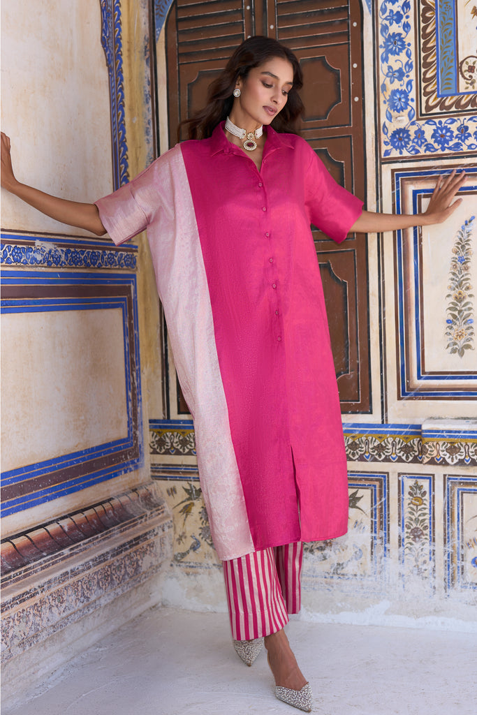 BENARES TISSUE COLOUR BLOCKED LONGLINE TOP & STRIPED PANT SET dash and dot
