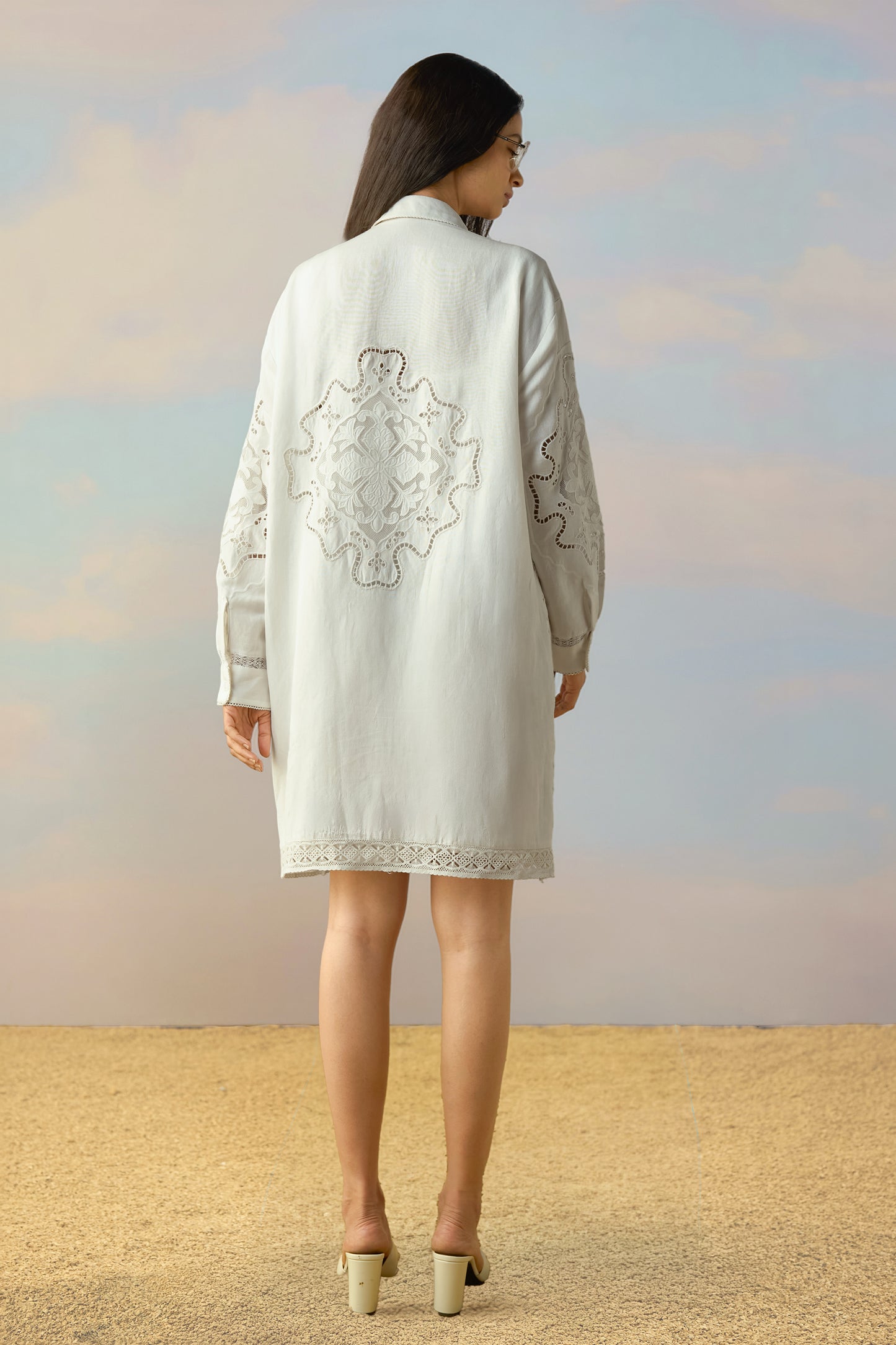 LINEN CUTWORK & LACE EMBROIDERED SHIRT DRESS