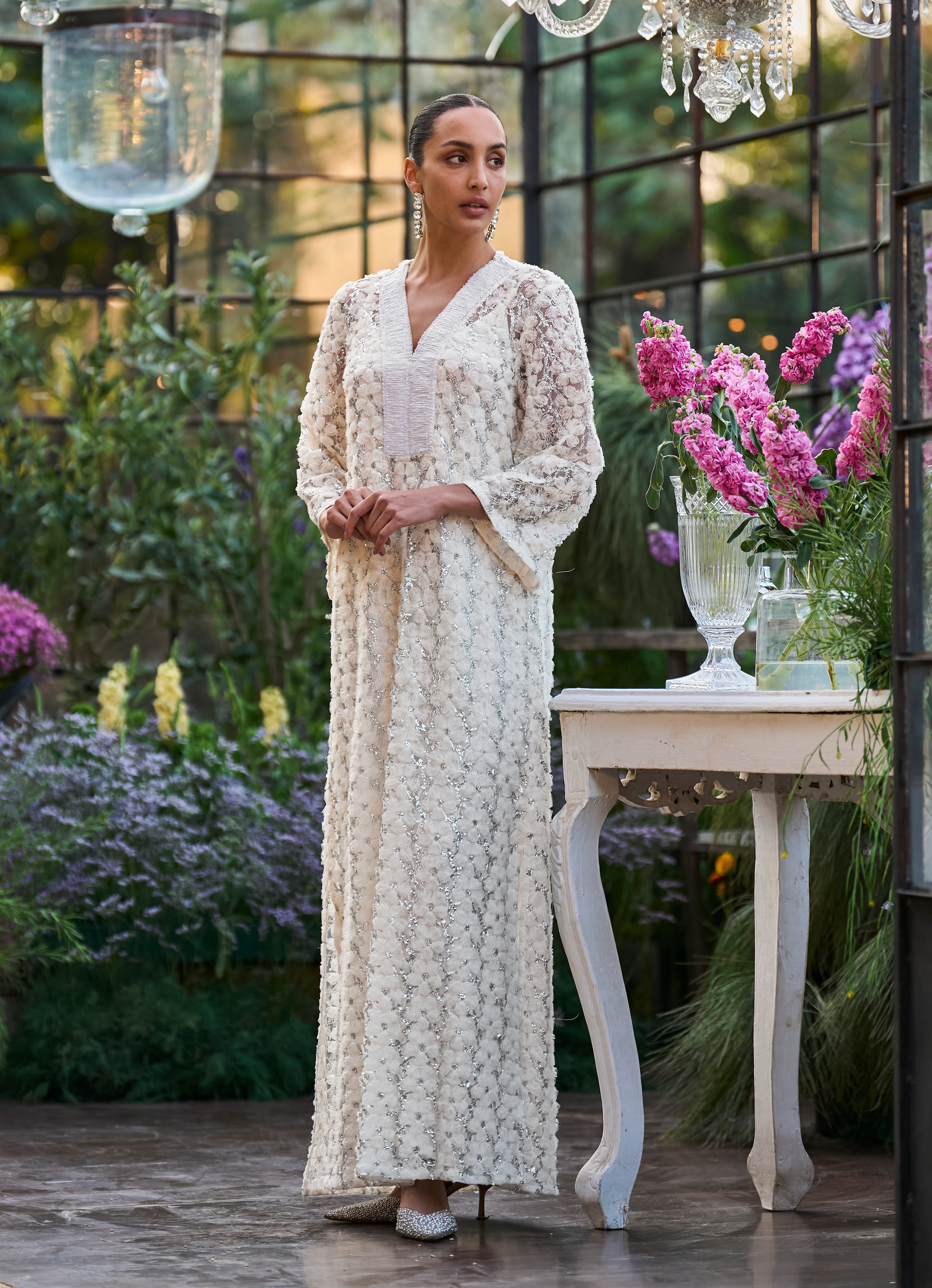 embroidered kaftan maxi dress FLORAL RIBBON & SEQUIN M / Ivory Size:6 Youth Blossoms Bridesmaids Quick Delivery 100% RECYCLED POLYSTER and Burning Man Clothing