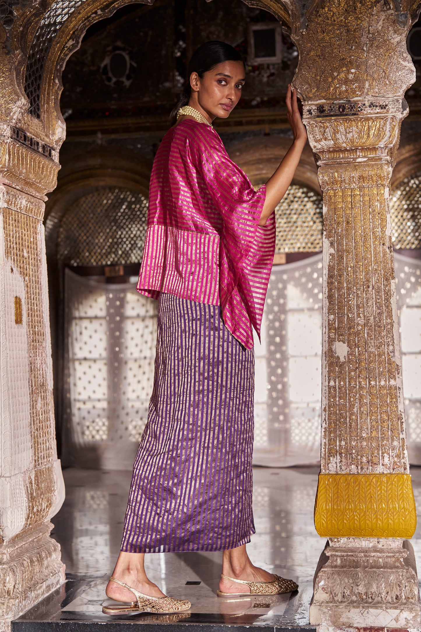 BENARES TISSUE STRIPE DRAPE SKIRT