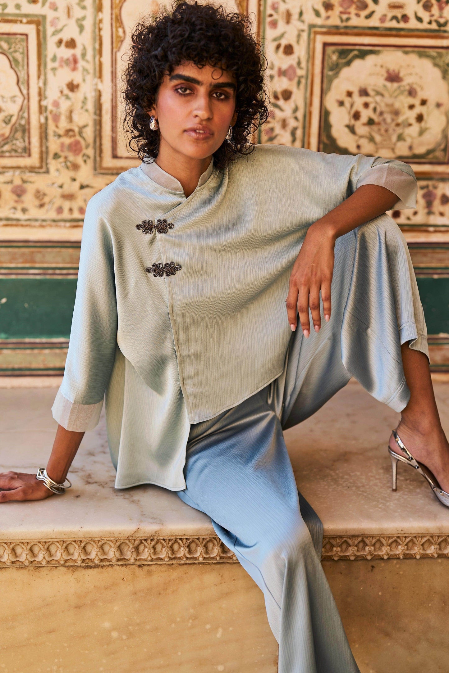 POWDER BLUE CRINKLE SATIN SET - dash and dot