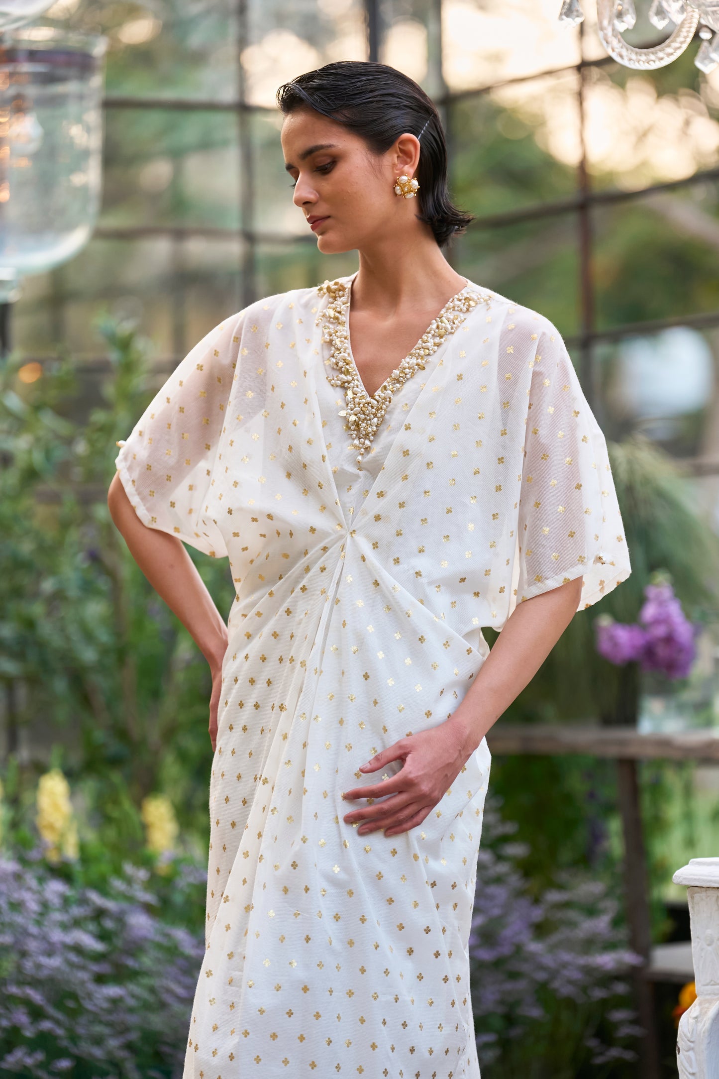 EMBROIDERED BENARES WEAVE KAFTAN DRESS