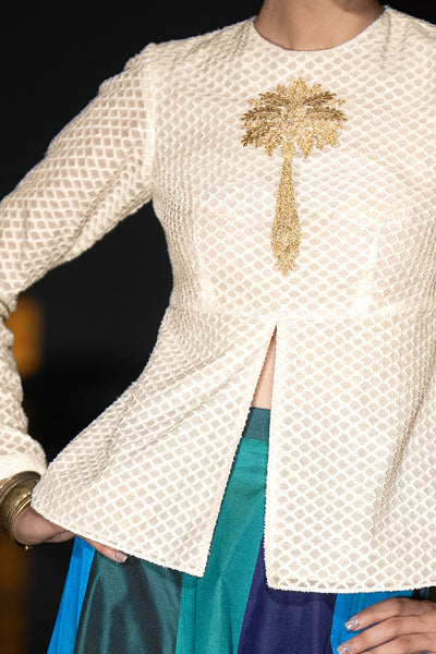 EMBROIDERED PATTERNED PEPLUM TOP & MULTICOLOUR PANELLED MAXI SKIRT
