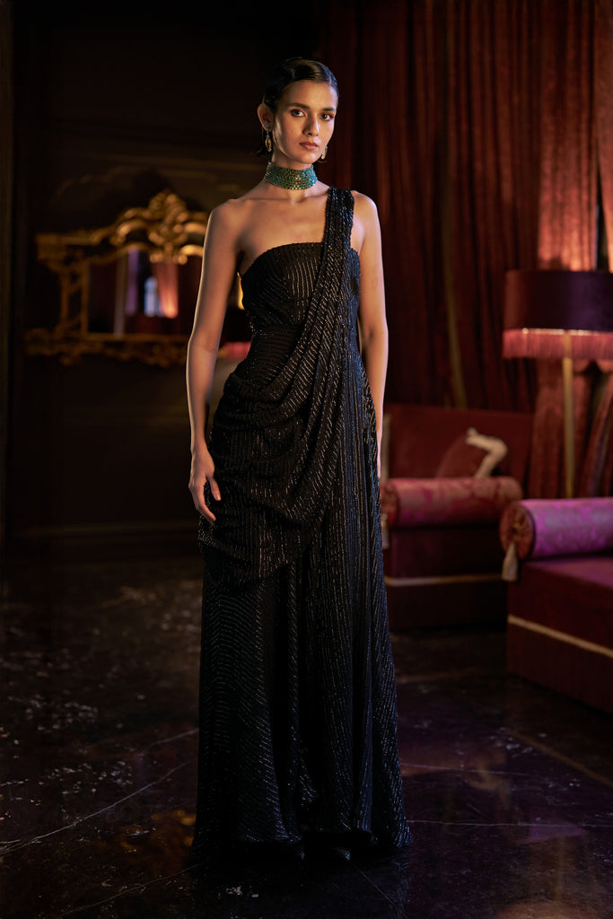 BLACK SEQUIN SARI DRAPE GOWN dash and dot
