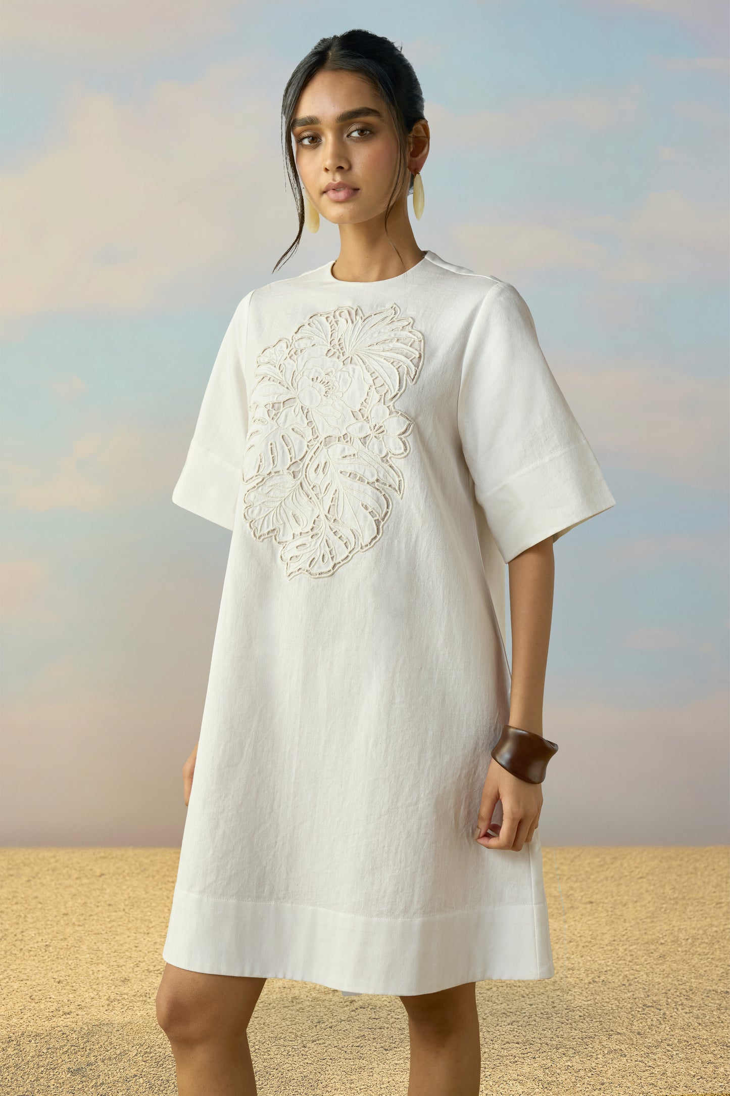 CUTWORK EMBROIDERED DENIM DRESS