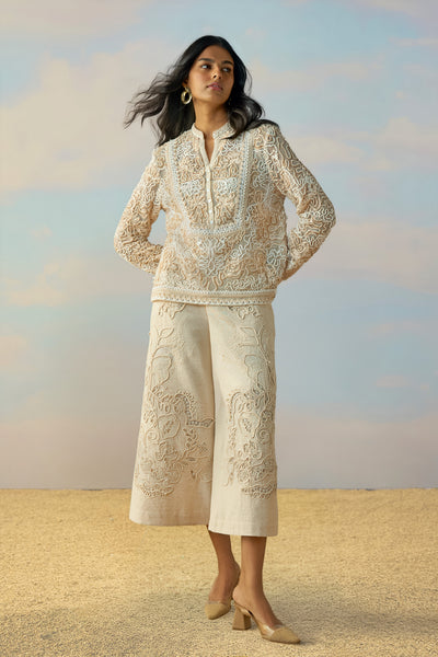 RIBBON & CORD EMBROIDERED TOP & CUTWORK EMBROIDERED LINEN PANT