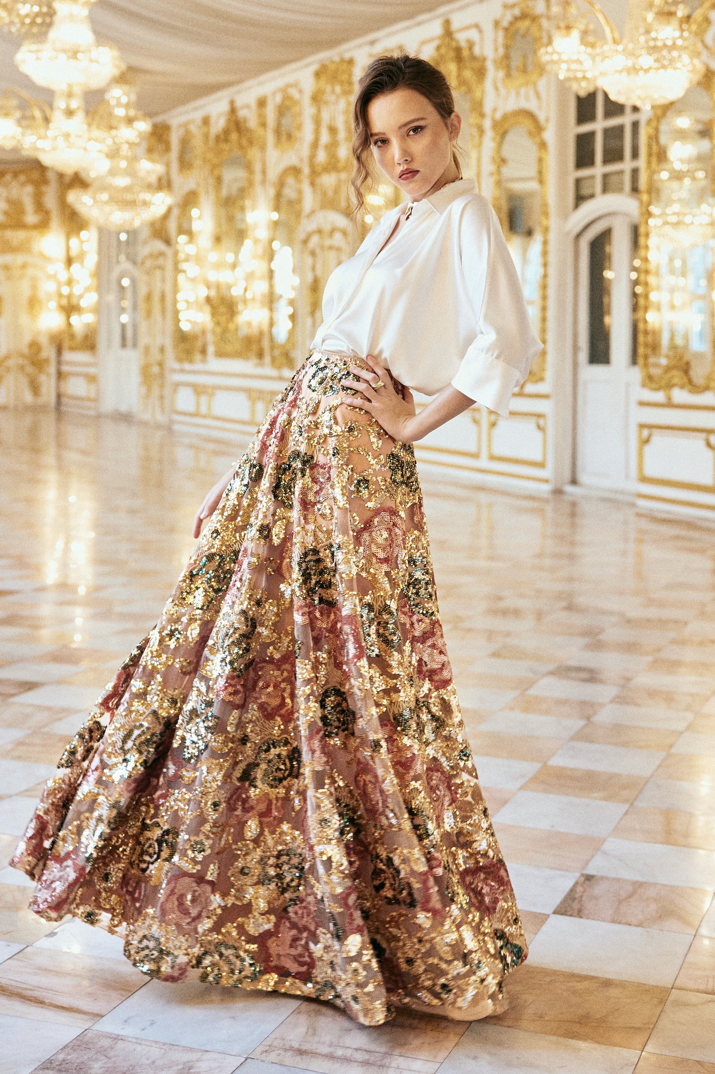 FLORAL SEQUIN MAXI SKIRT