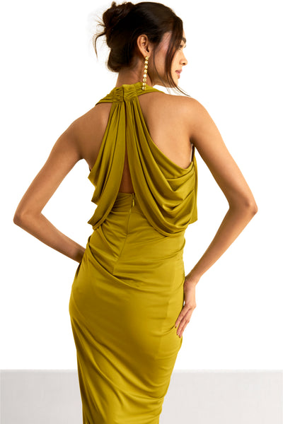 HALTER NECK FRONT OVERLAP KNIT DRESS