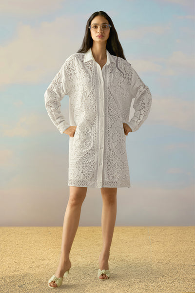 LINEN CUTWORK & LACE EMBROIDERED SHIRT DRESS