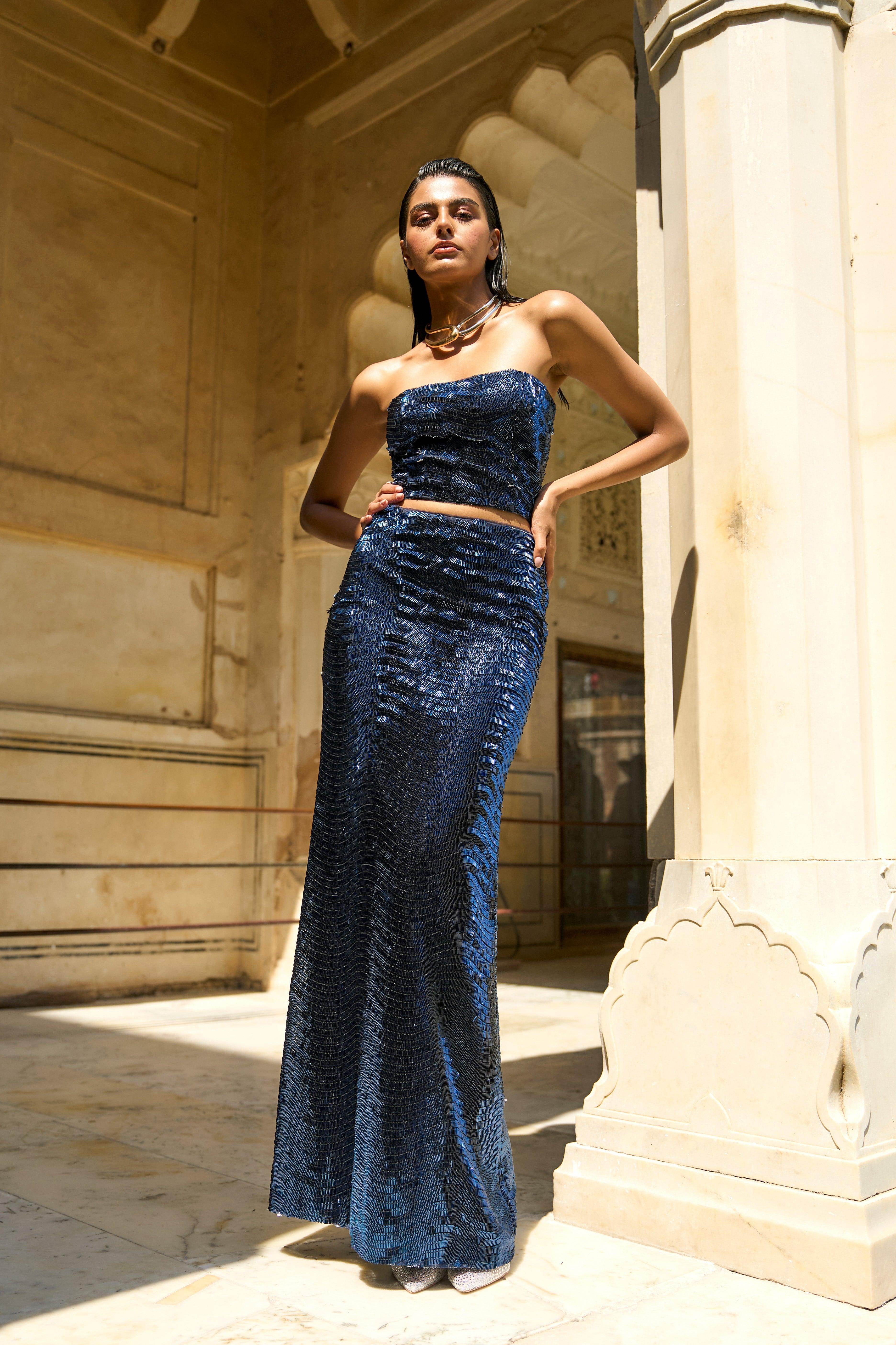 Dash and Dot - BLUE SEQUIN BANDEAU AND MAXI SKIRT