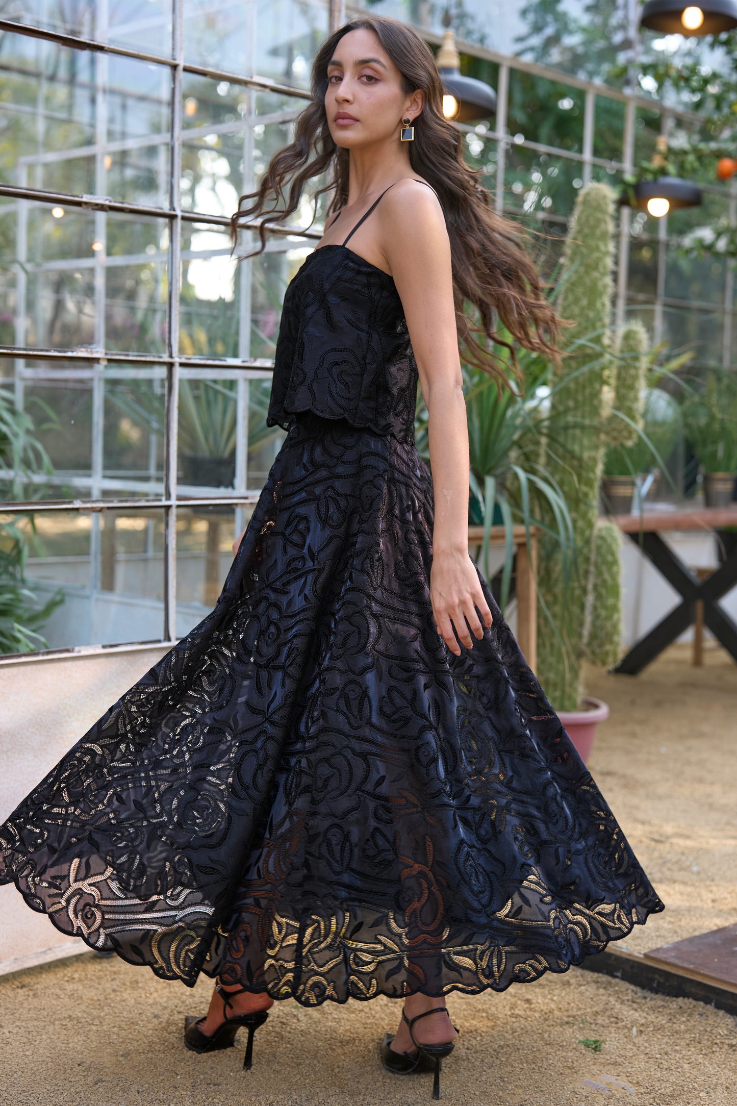 LACE FLARED MIDI SKIRT