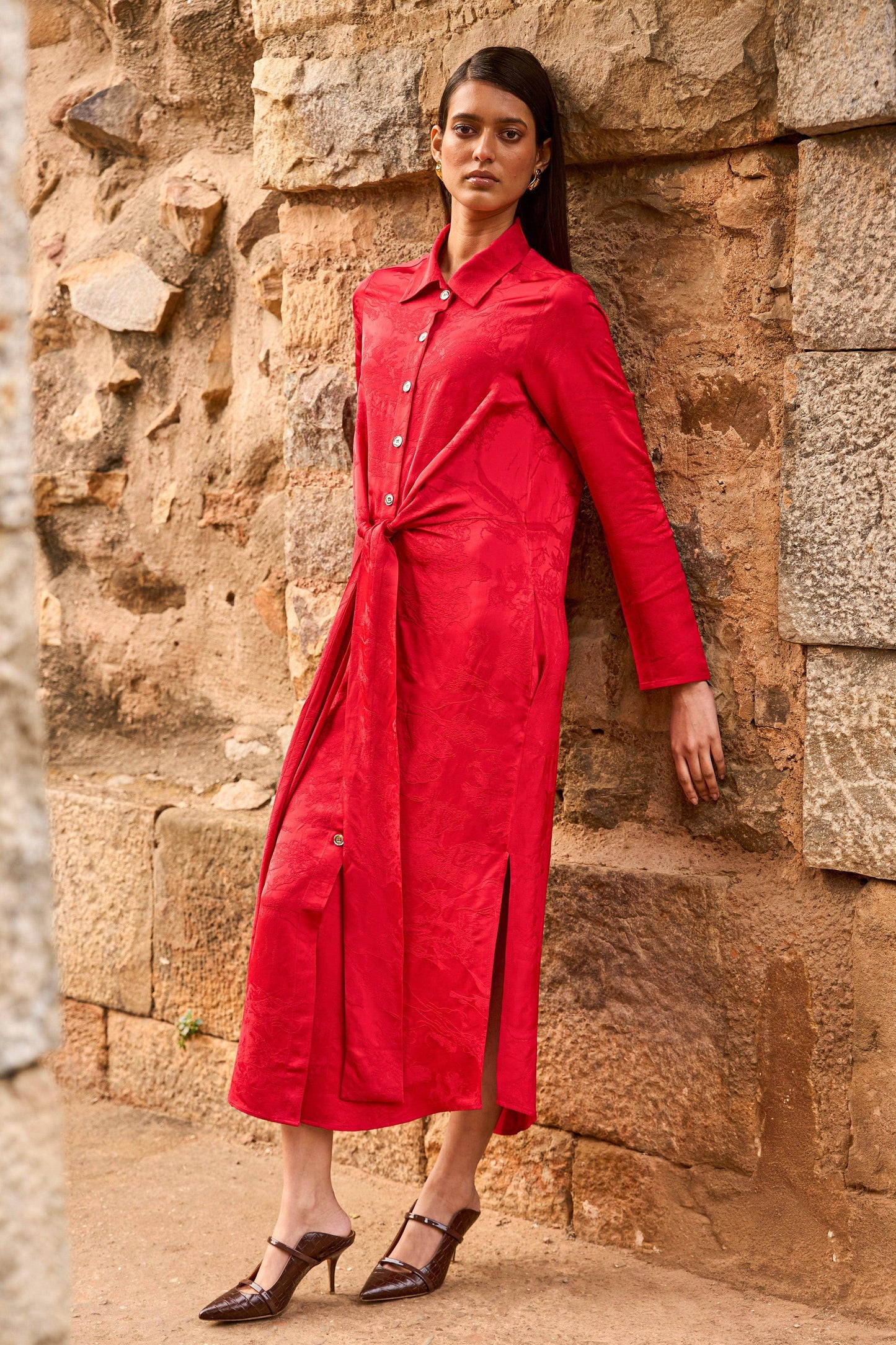 RED JACQUARD SHIRT DRESS - dash and dot