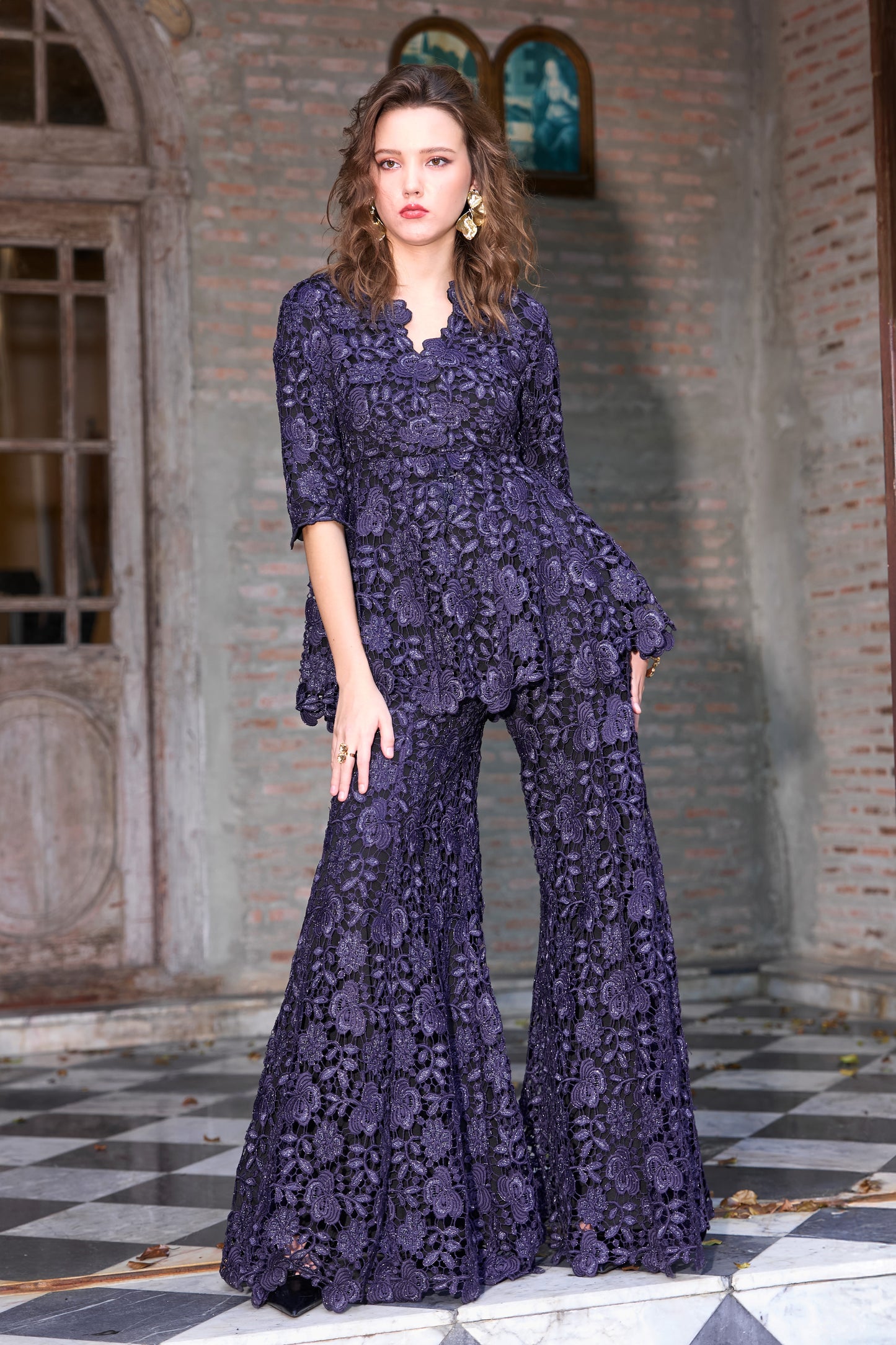 EMBROIDERED LACE FLARED PANT