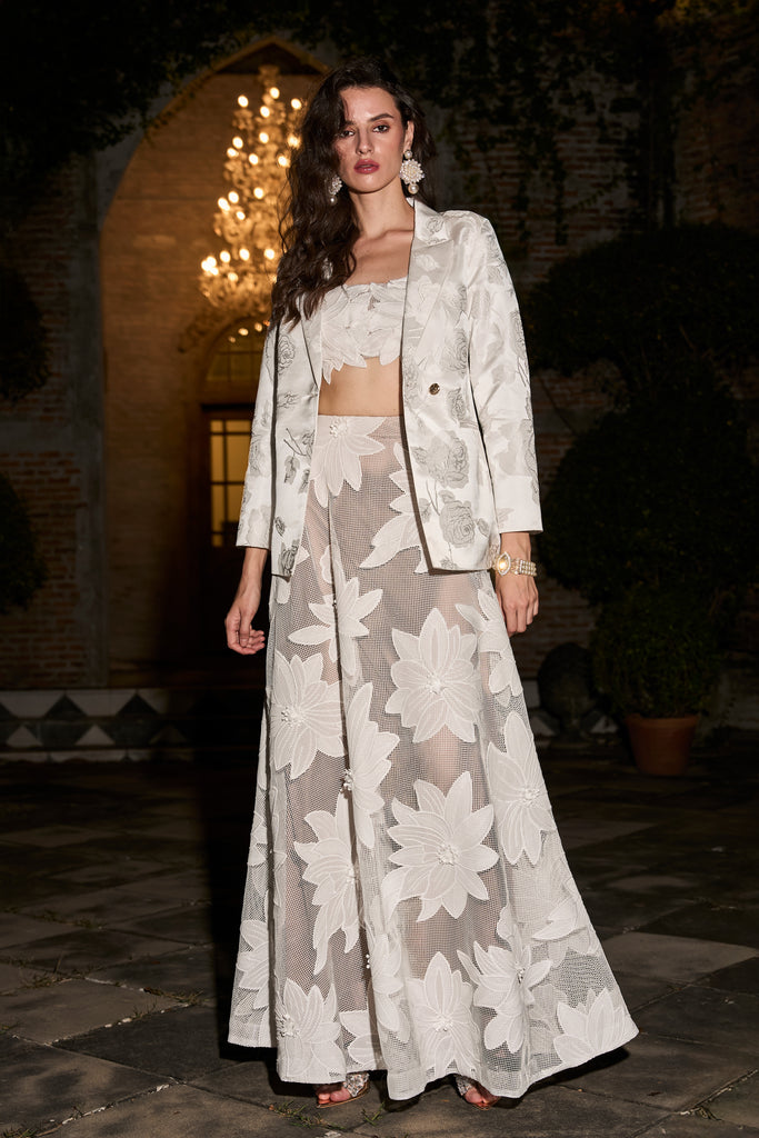 JACQUARD BLAZER & FLORAL LACE APPLIQUÉ MAXI SKIRT dash and dot